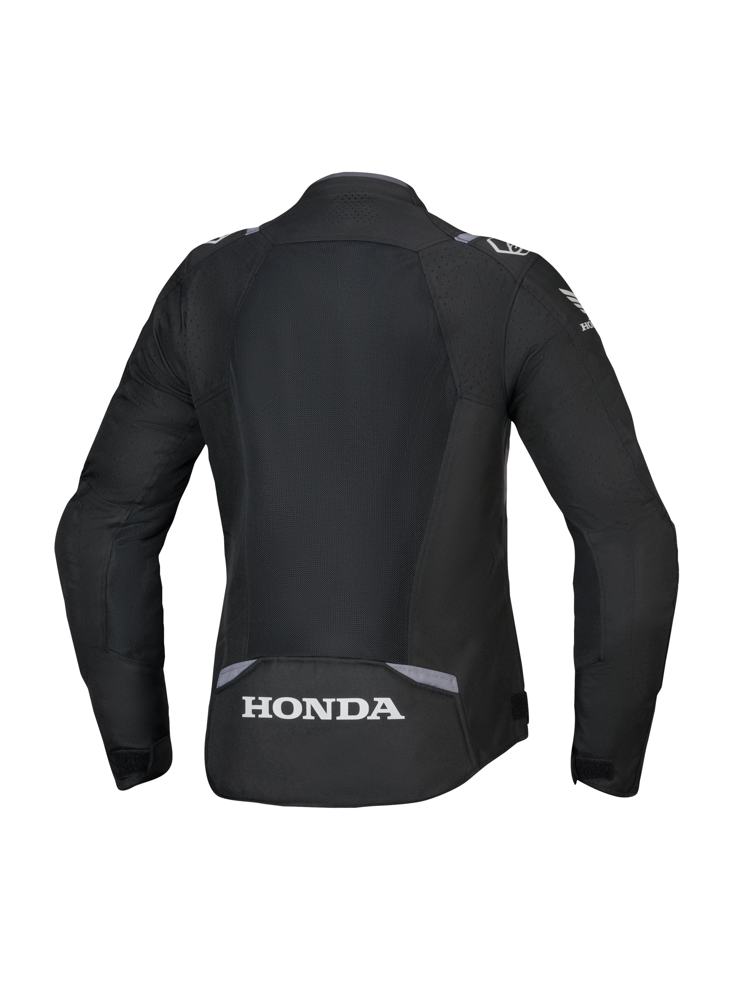 Giacca Alpinestars Honda Stella T-SPS Air V2 da donna, vista posteriore, nero con accenti grigio scuro e grigio ghiaccio, ampio pannello posteriore in mesh tecnico e logo Honda bianco, vestibilità specifica da donna orientata alle prestazioni