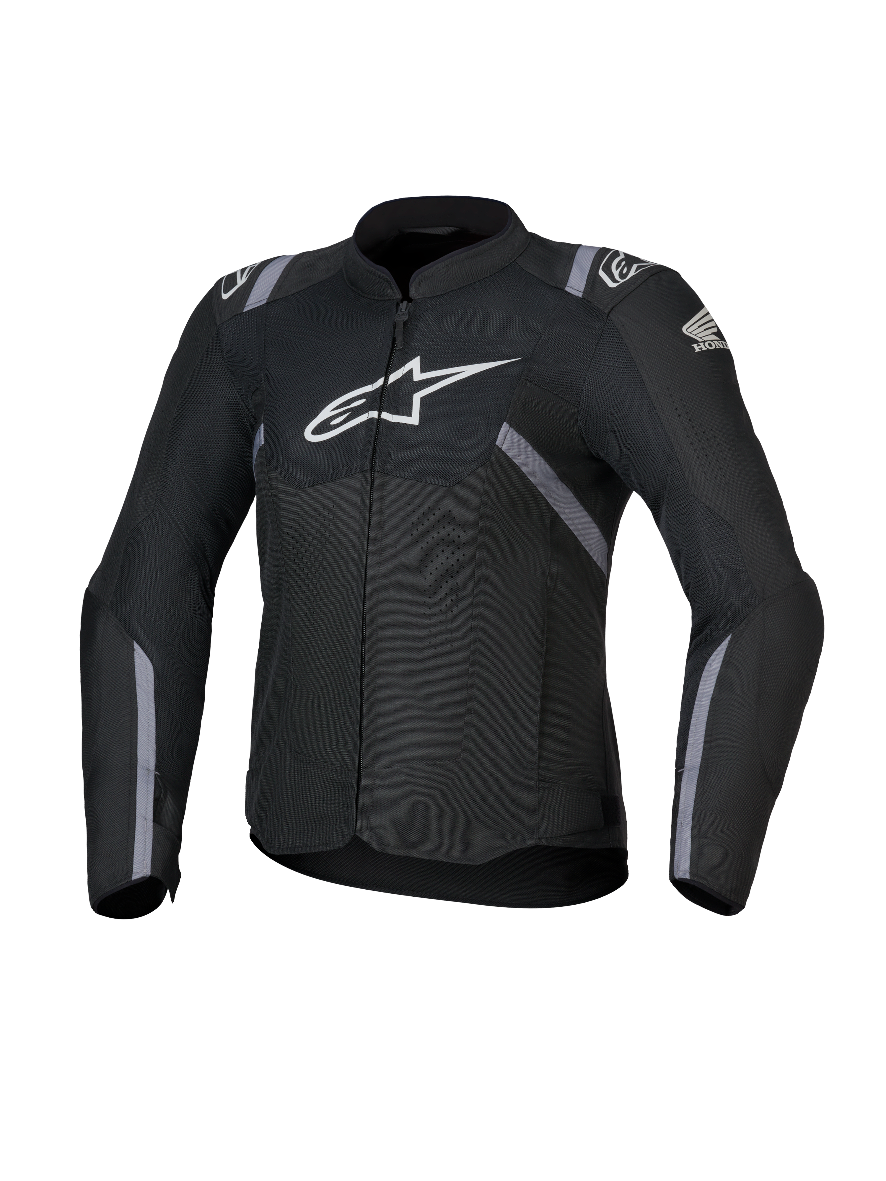 Alpinestars giacca Honda Woman Stella T-SPS Air V2, giacca da moto in tessuto da donna, nera con loghi bianchi Alpinestars e Honda, accenti a strisce grigie, pannelli in mesh traforato per la ventilazione, vestibilità sportiva