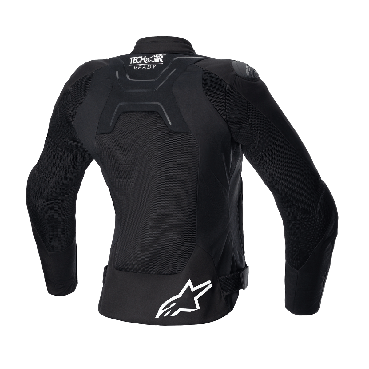 Giacca Alpinestars Stella SMX Air da donna, vista posteriore, nero, con pannelli posteriori in rete per la ventilazione, marchio Tech-Air Ready sulla parte superiore della schiena, logo Alpinestars a stella bianco sulla parte inferiore della schiena, cinghie di regolazione in vita, giacca da moto sportiva da strada in tessuto