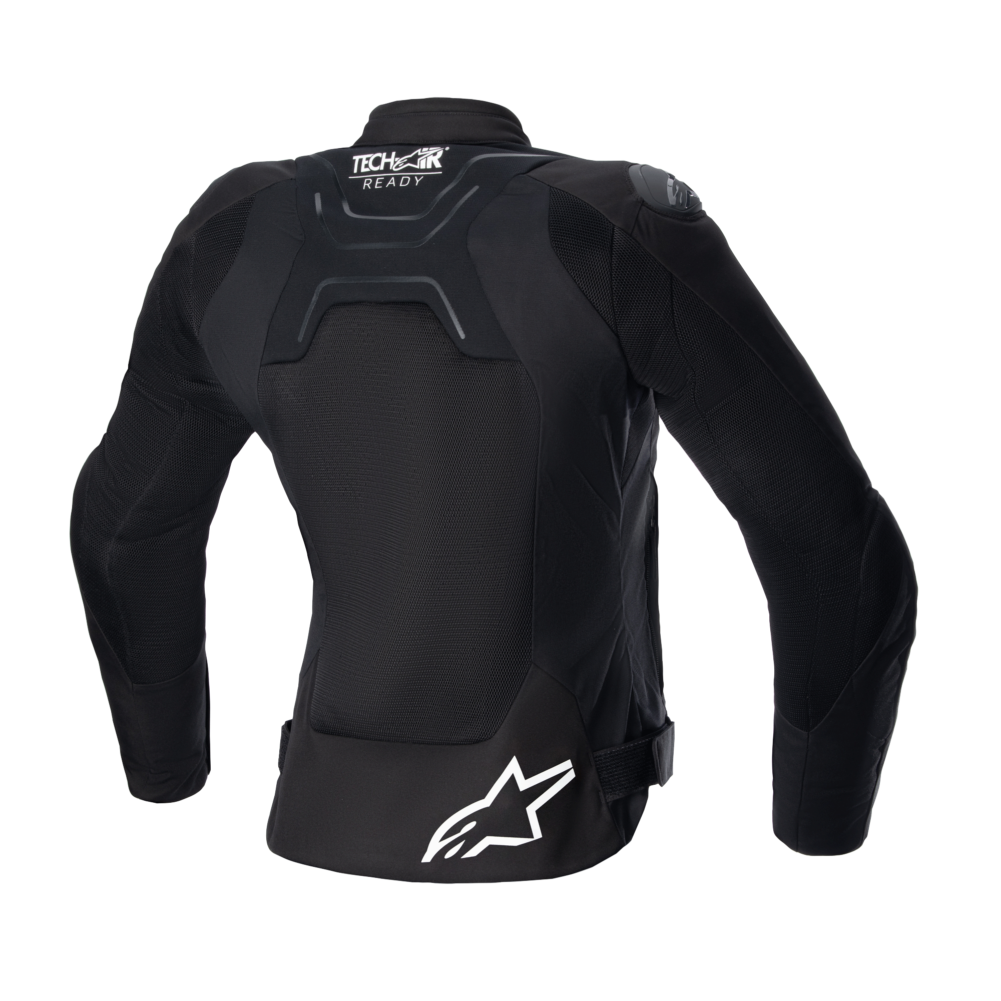 Giacca Alpinestars Stella SMX Air da donna, vista posteriore, nero, con pannelli posteriori in rete per la ventilazione, marchio Tech-Air Ready sulla parte superiore della schiena, logo Alpinestars a stella bianco sulla parte inferiore della schiena, cinghie di regolazione in vita, giacca da moto sportiva da strada in tessuto