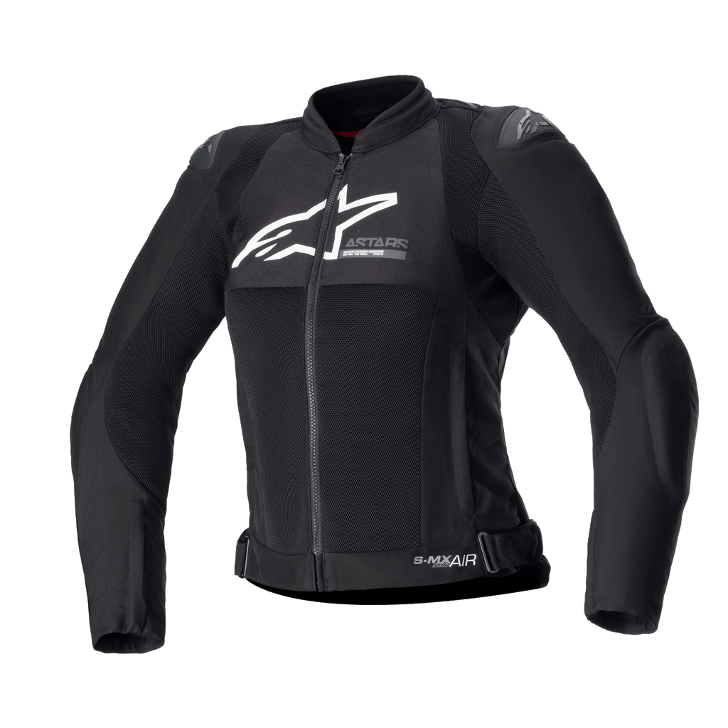 Giacca Alpinestars Stella SMX Air da donna, giacca da moto in tessuto nero e rete, logo bianco sul petto, zip frontale, colletto alto, slider esterni sulle spalle, costruzione in rete traspirante, design sportivo per la guida estiva