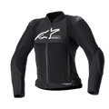 Giacca Alpinestars Stella SMX Air da donna, giacca da moto in tessuto nero e rete, logo bianco sul petto, zip frontale, colletto alto, slider esterni sulle spalle, costruzione in rete traspirante, design sportivo per la guida estiva