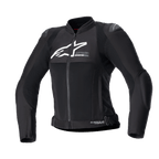 Giacca Alpinestars Stella SMX Air da donna, giacca da moto in tessuto nero e rete, logo bianco sul petto, zip frontale, colletto alto, slider esterni sulle spalle, costruzione in rete traspirante, design sportivo per la guida estiva