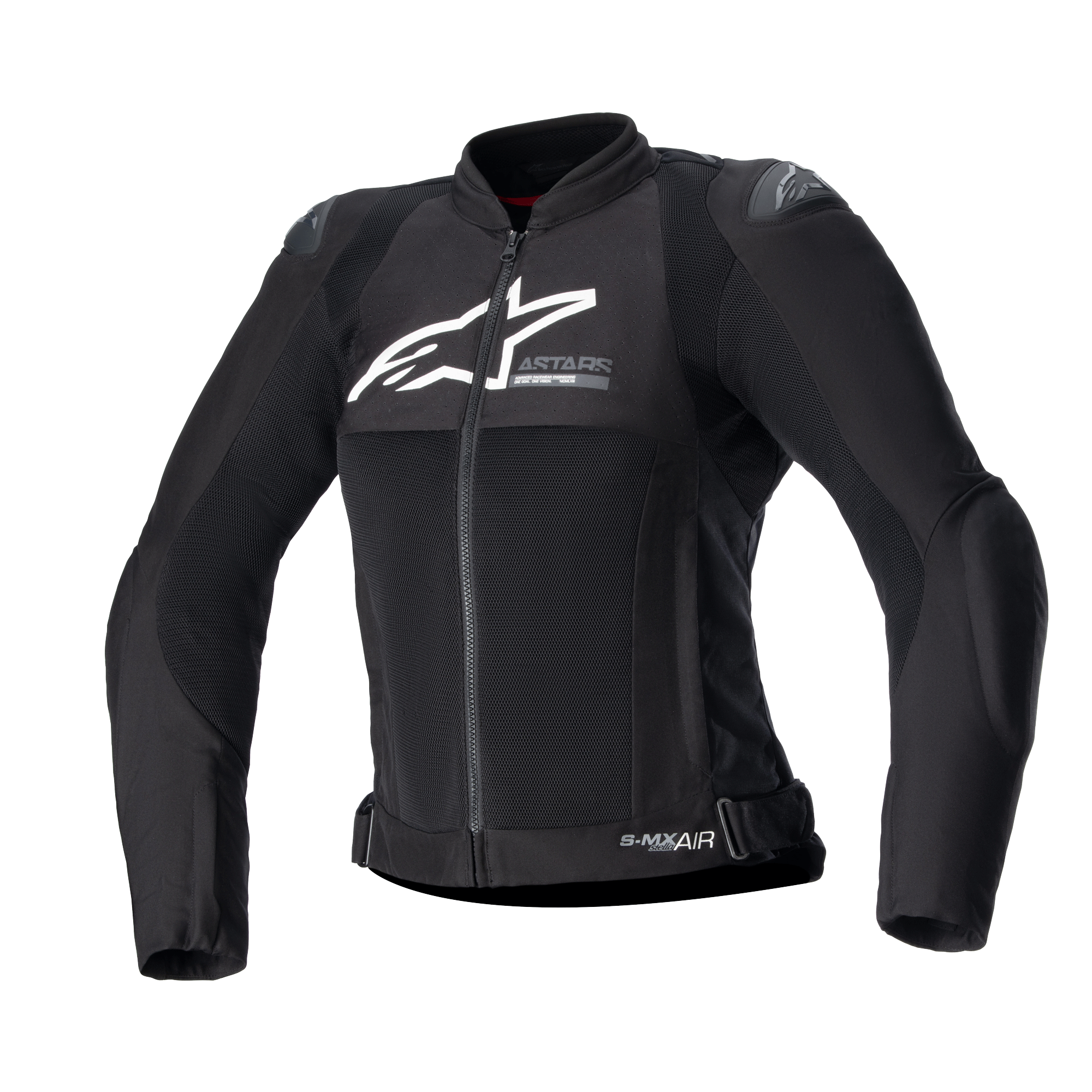 Giacca Alpinestars Stella SMX Air da donna, giacca da moto in tessuto nero e rete, logo bianco sul petto, zip frontale, colletto alto, slider esterni sulle spalle, costruzione in rete traspirante, design sportivo per la guida estiva