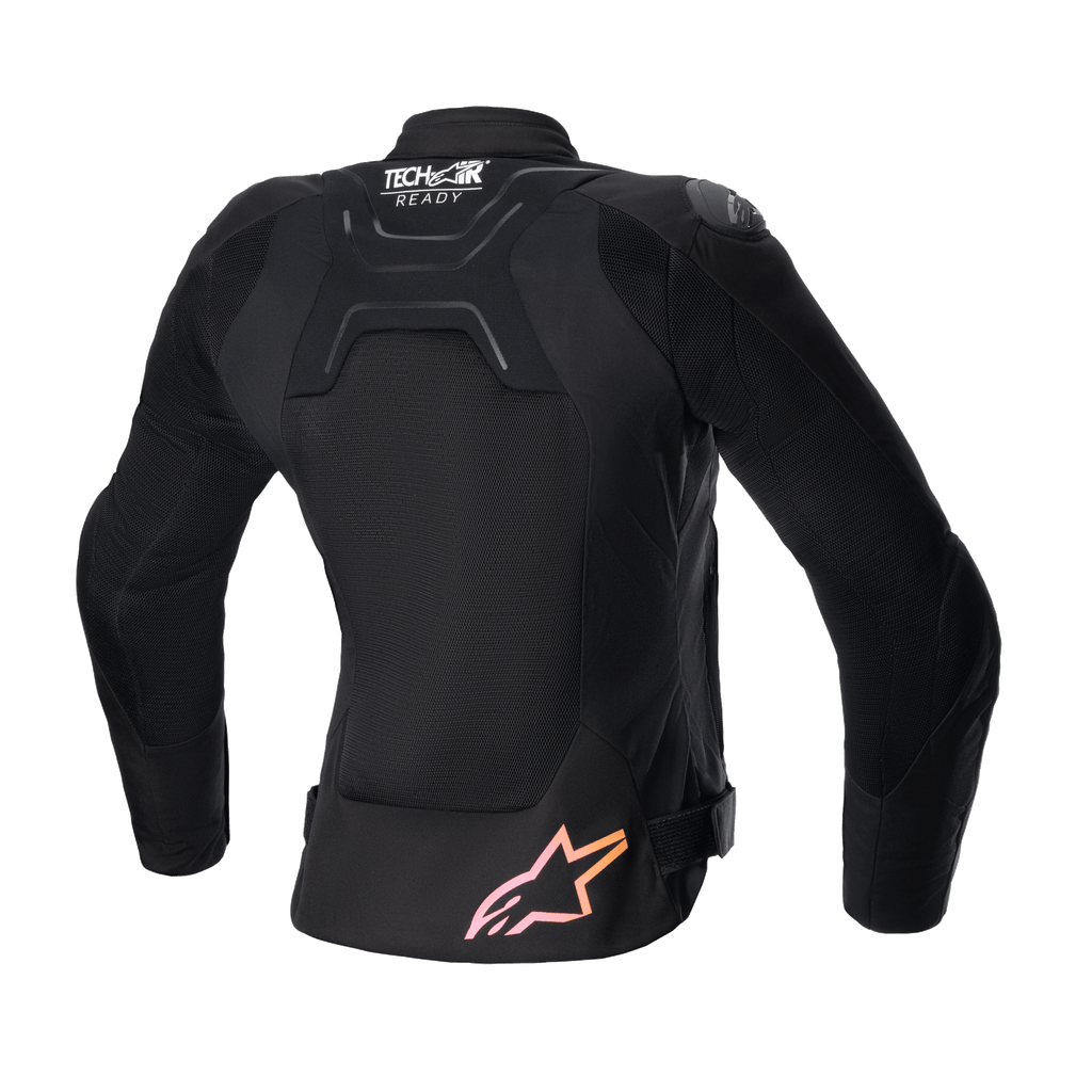 Giacca Alpinestars Stella SMX Air Donna, vista posteriore, nera con pannelli in rete, dotata di logo 'Tech-Air Ready' sulla parte superiore della schiena e logo a stella con sfumatura dal rosa all'arancione sul fondo, giacca protettiva da moto sportiva stradale