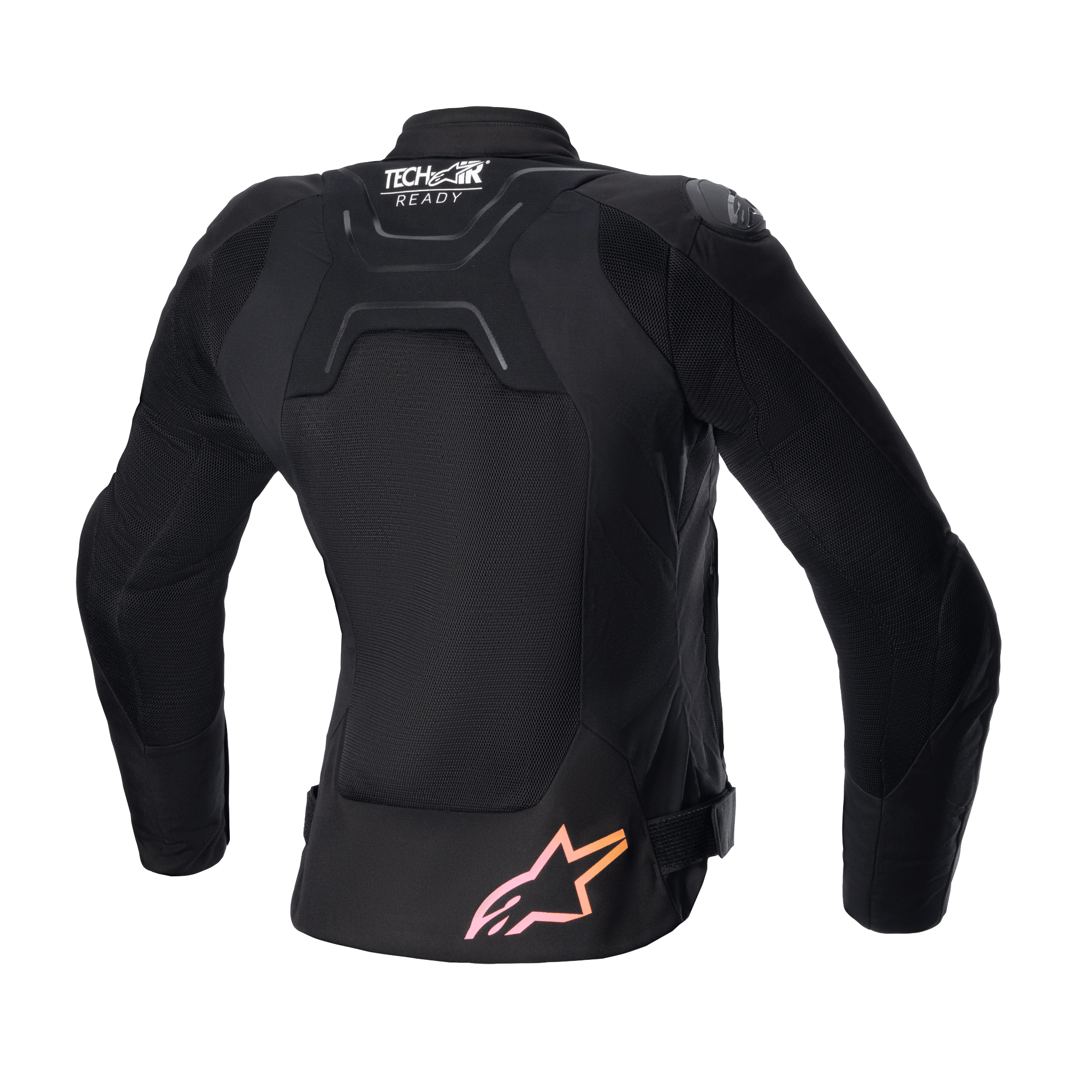 Giacca Alpinestars Stella SMX Air Donna, vista posteriore, nera con pannelli in rete, dotata di logo 'Tech-Air Ready' sulla parte superiore della schiena e logo a stella con sfumatura dal rosa all'arancione sul fondo, giacca protettiva da moto sportiva stradale
