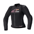Giacca Alpinestars Stella SMX Air da donna, giacca da moto, nero con logo sfumato rosa e giallo, vista frontale con pannelli di ventilazione in rete, protezioni per le spalle DFS Lite e design ergonomico sportivo