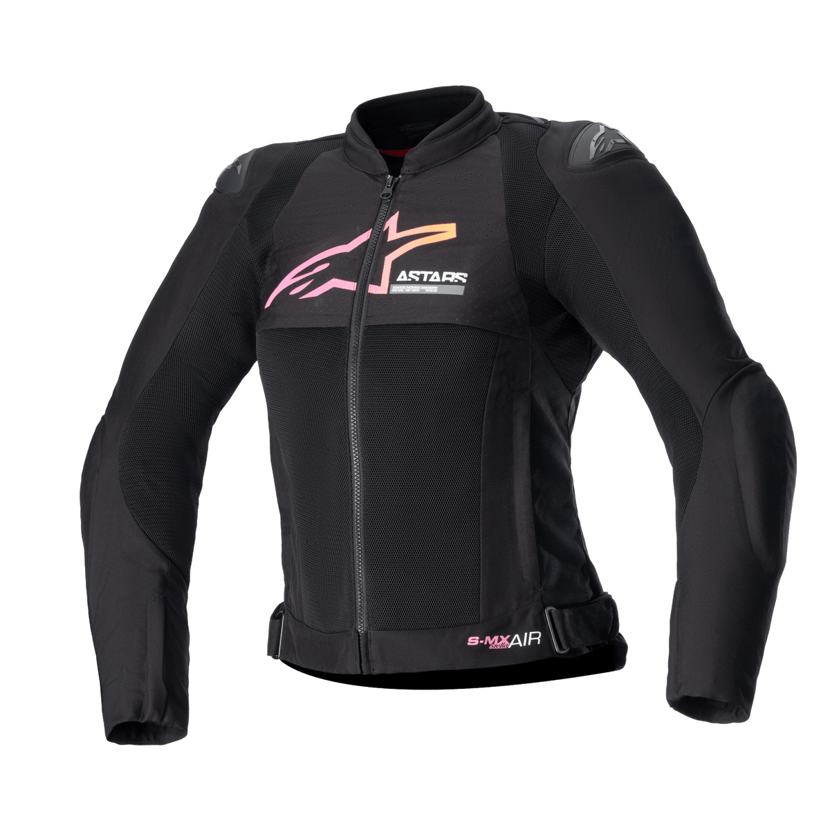Giacca Alpinestars Stella SMX Air da donna, giacca da moto, nero con logo sfumato rosa e giallo, vista frontale con pannelli di ventilazione in rete, protezioni per le spalle DFS Lite e design ergonomico sportivo