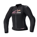 Giacca Alpinestars Stella SMX Air da donna, giacca da moto, nero con logo sfumato rosa e giallo, vista frontale con pannelli di ventilazione in rete, protezioni per le spalle DFS Lite e design ergonomico sportivo
