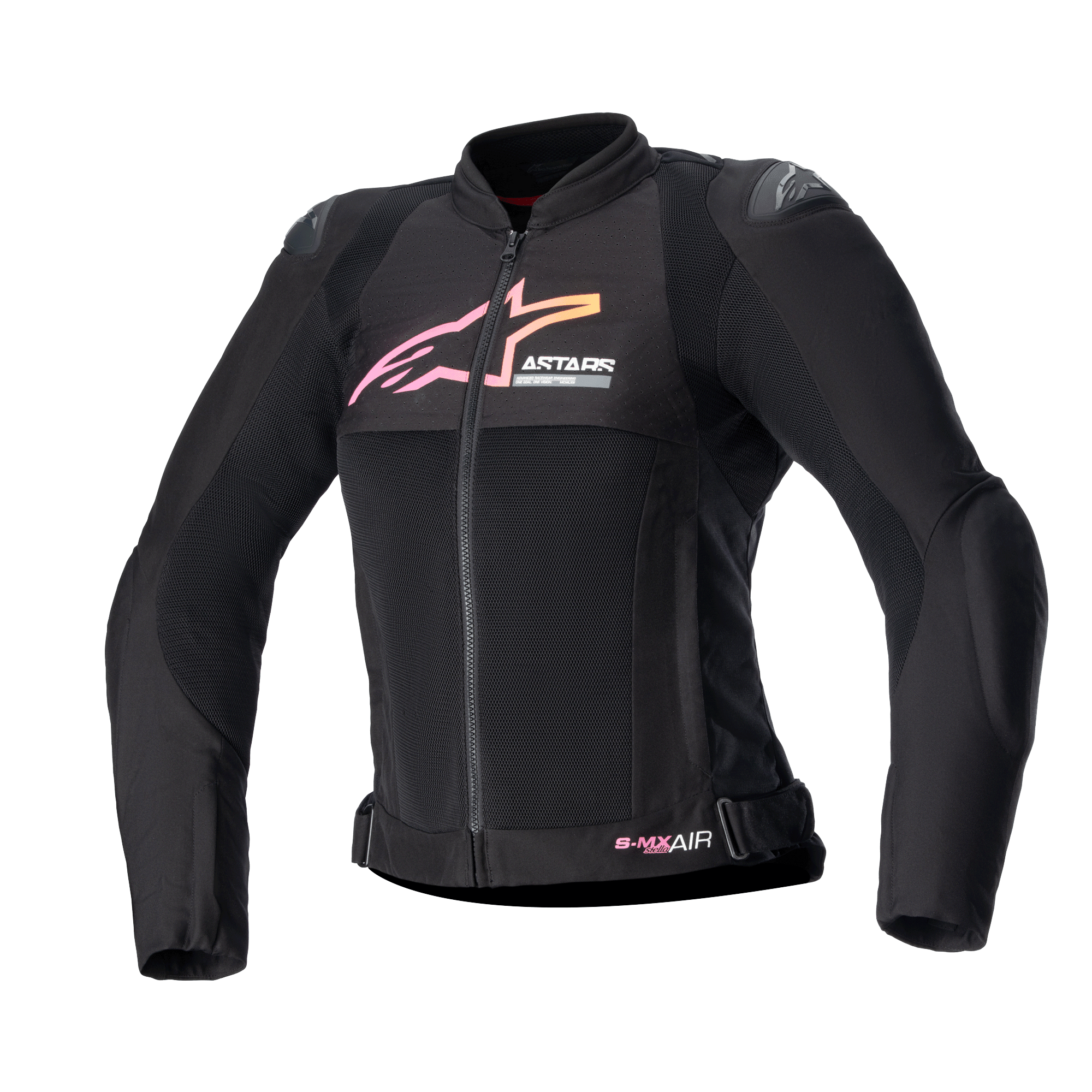 Giacca Alpinestars Stella SMX Air da donna, giacca da moto, nero con logo sfumato rosa e giallo, vista frontale con pannelli di ventilazione in rete, protezioni per le spalle DFS Lite e design ergonomico sportivo