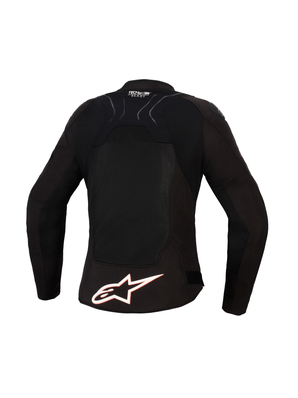 Giacca Alpinestars Stella SMX Air da donna, vista posteriore, nero con accenti bianchi e rosso fluo, grande logo Alpinestars bianco sulla parte bassa della schiena, pannelli in mesh ad alto flusso per la ventilazione e marchio Tech-Air Ready sulla parte superiore della schiena.