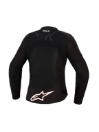 Giacca Alpinestars Stella SMX Air da donna, vista posteriore, nero con accenti bianchi e rosso fluo, grande logo Alpinestars bianco sulla parte bassa della schiena, pannelli in mesh ad alto flusso per la ventilazione e marchio Tech-Air Ready sulla parte superiore della schiena.