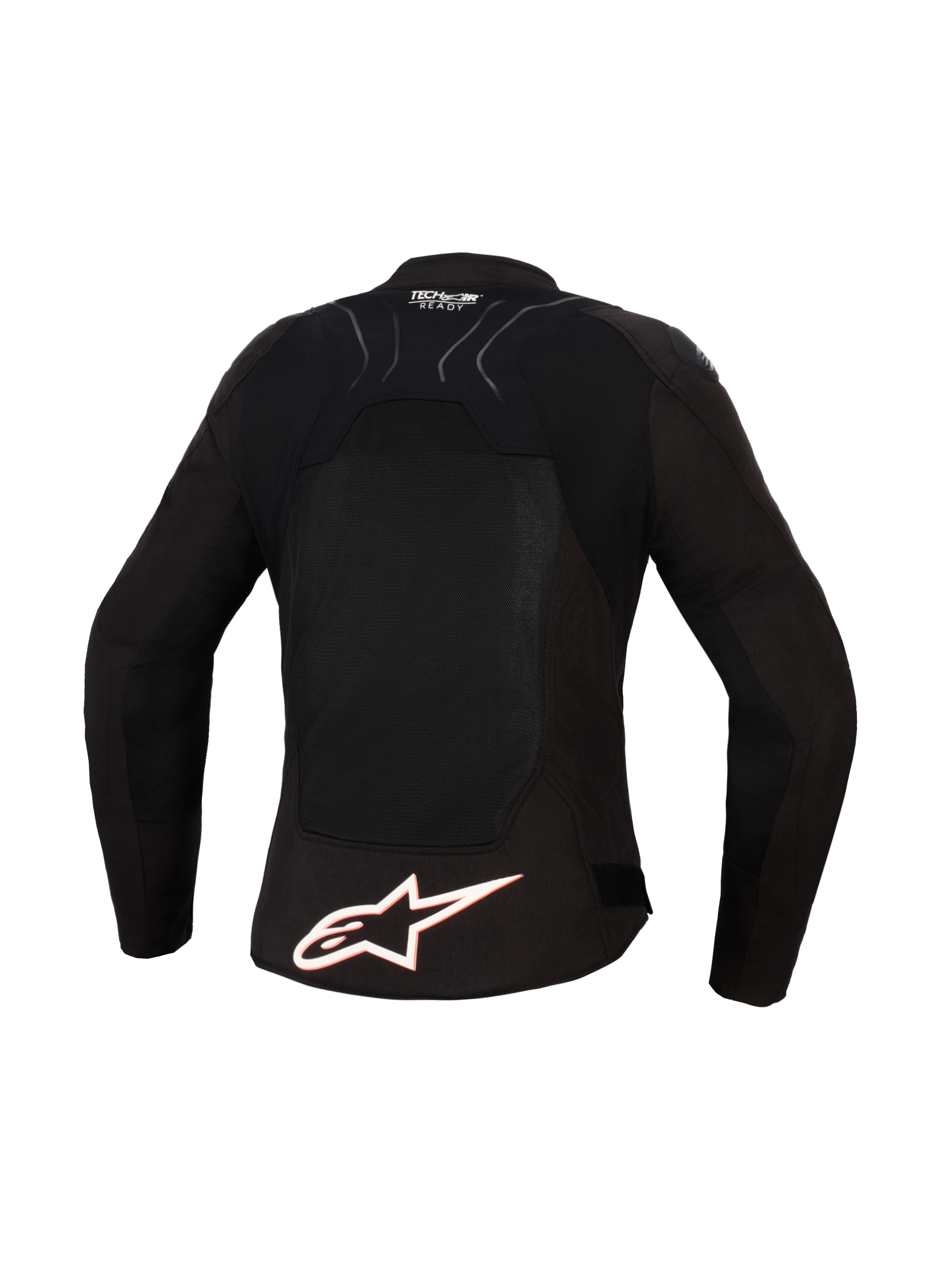 Giacca Alpinestars Stella SMX Air da donna, vista posteriore, nero con accenti bianchi e rosso fluo, grande logo Alpinestars bianco sulla parte bassa della schiena, pannelli in mesh ad alto flusso per la ventilazione e marchio Tech-Air Ready sulla parte superiore della schiena.