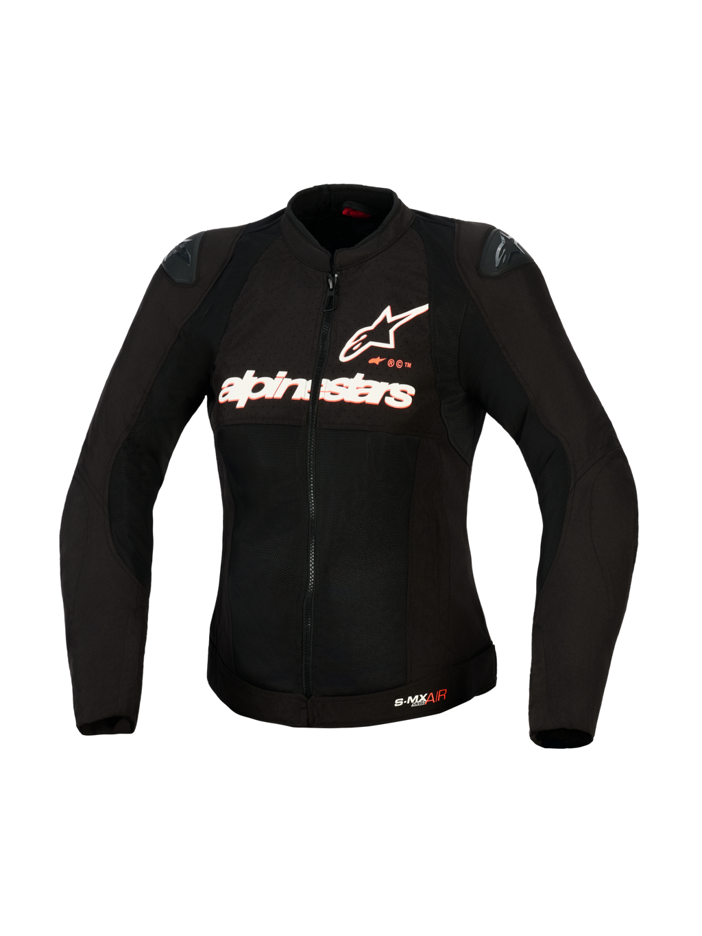 Giacca Alpinestars Stella SMX Air da donna, giacca da moto in tessuto, nera con loghi bianco e rosso fluo, vista frontale con struttura in mesh ad alta ventilazione, logo Alpinestars sul petto e slider per spalle DFS Lite, design anatomico femminile.