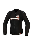 Giacca Alpinestars Stella SMX Air da donna, giacca da moto in tessuto, nera con loghi bianco e rosso fluo, vista frontale con struttura in mesh ad alta ventilazione, logo Alpinestars sul petto e slider per spalle DFS Lite, design anatomico femminile.