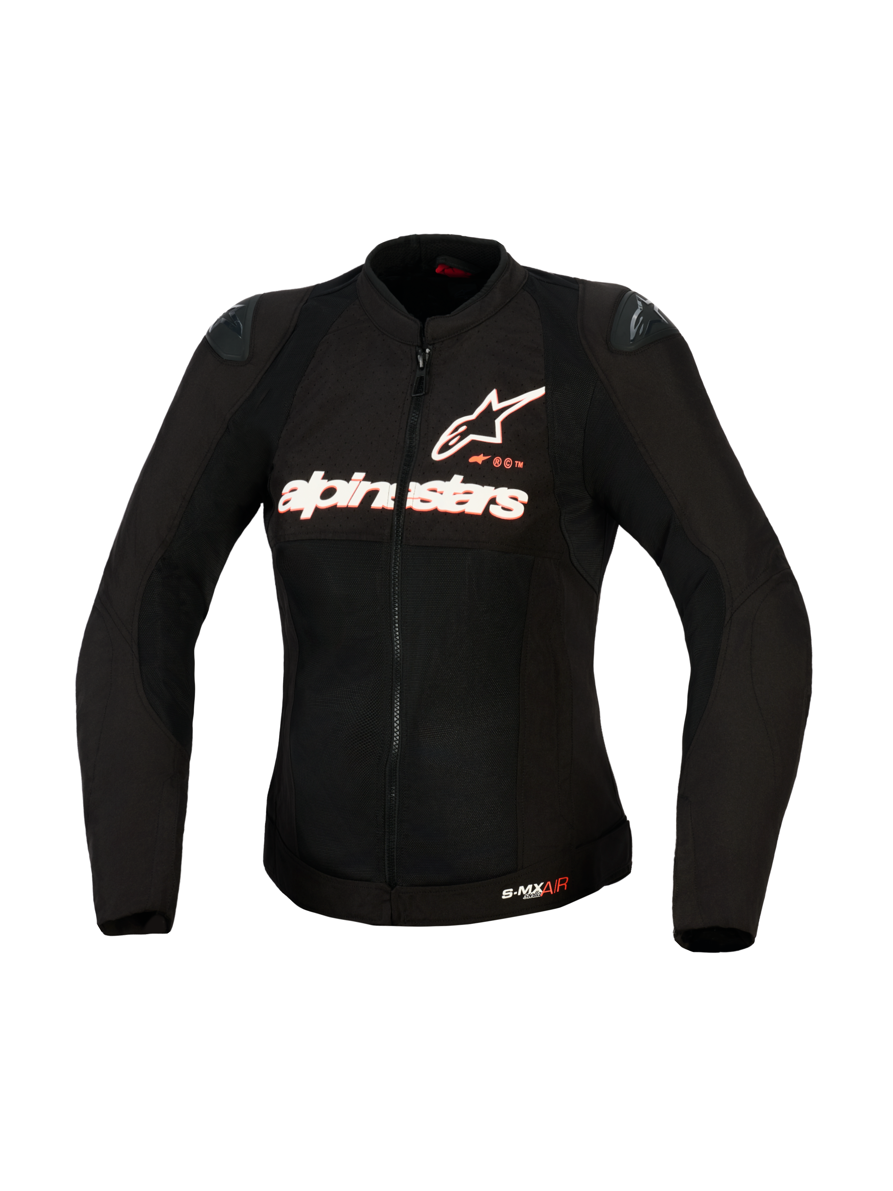 Giacca Alpinestars Stella SMX Air da donna, giacca da moto in tessuto, nera con loghi bianco e rosso fluo, vista frontale con struttura in mesh ad alta ventilazione, logo Alpinestars sul petto e slider per spalle DFS Lite, design anatomico femminile.