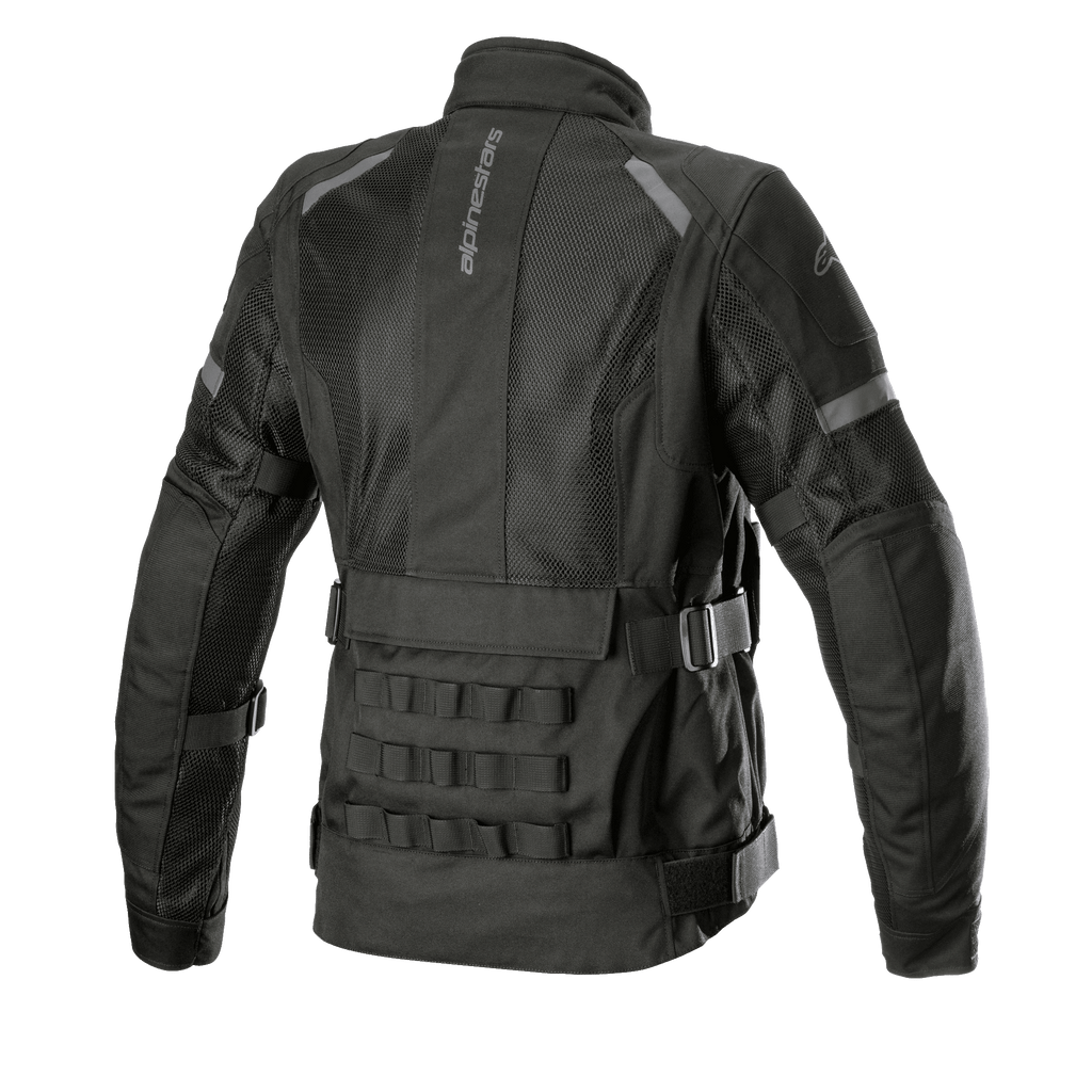 Alpinestars Stella Crosshill WP Air Jacket da donna, giacca da moto touring, nera, vista posteriore con ampi pannelli in mesh per la circolazione dell'aria, sistema modulare PALS di ispirazione militare sulla parte inferiore della schiena e cinturini di regolazione del volume su vita e braccia.