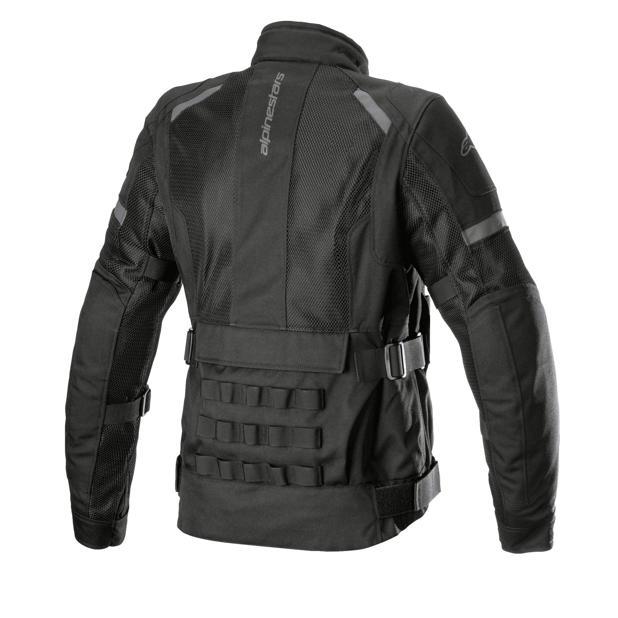 Alpinestars Stella Crosshill WP Air Jacket da donna, giacca da moto touring, nera, vista posteriore con ampi pannelli in mesh per la circolazione dell'aria, sistema modulare PALS di ispirazione militare sulla parte inferiore della schiena e cinturini di regolazione del volume su vita e braccia.