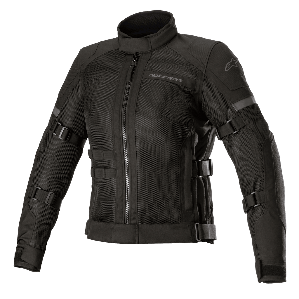 Alpinestars Stella Crosshill WP Air Jacket, giacca da moto da donna, nera, con ampi pannelli in mesh tecnico per la ventilazione, cinghie di regolazione su maniche e busto, collo alto con cerniera frontale, design touring elegante con logo discreto