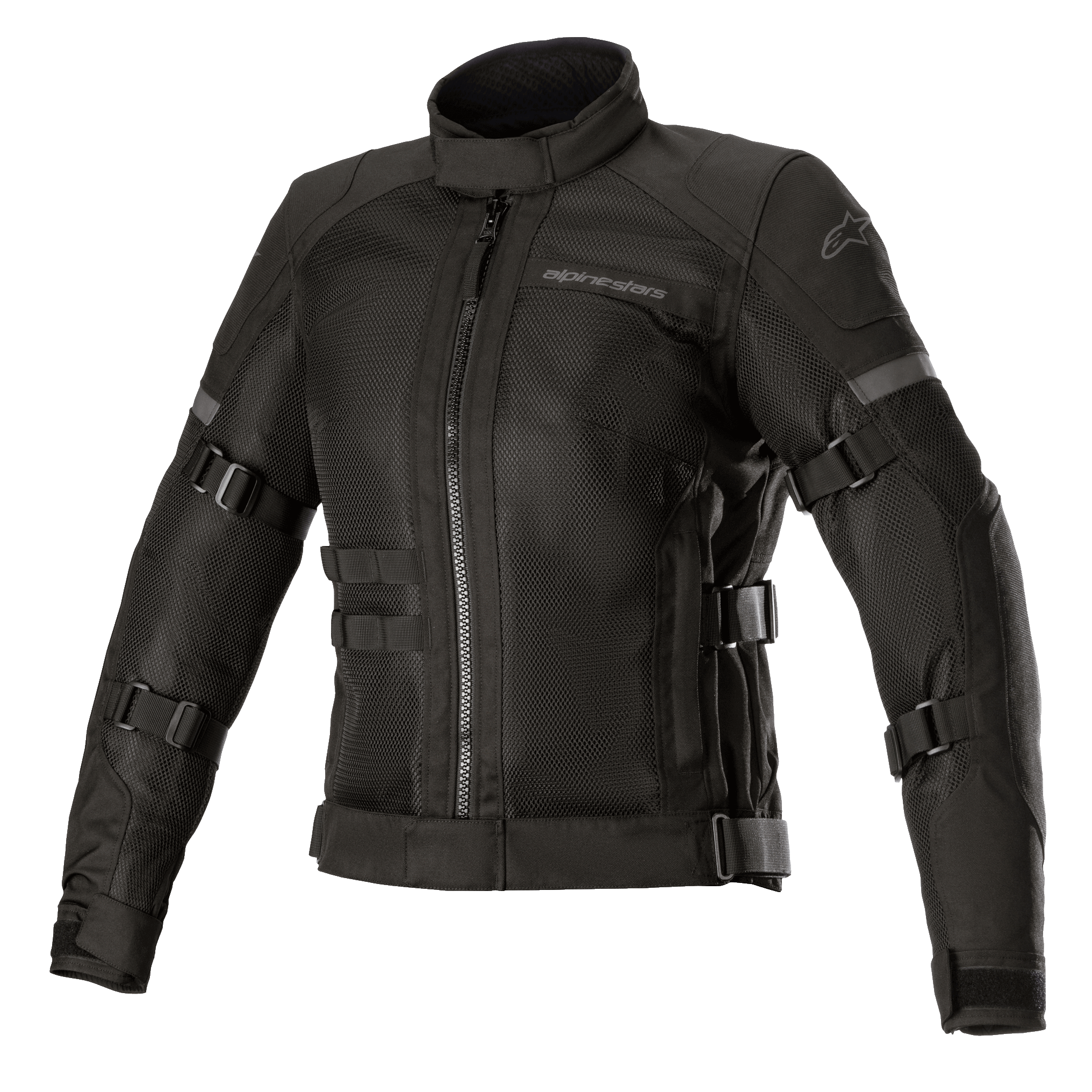 Alpinestars Stella Crosshill WP Air Jacket, giacca da moto da donna, nera, con ampi pannelli in mesh tecnico per la ventilazione, cinghie di regolazione su maniche e busto, collo alto con cerniera frontale, design touring elegante con logo discreto