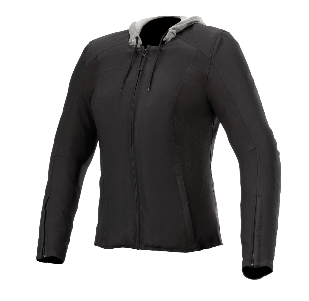 Alpinestars Bond Women's Jacket, giacca moto urbana da donna, nera con cappuccio grigio, zip frontale, maniche lunghe con zip ai polsi, vestibilità sagomata, tessuto cerato liscio