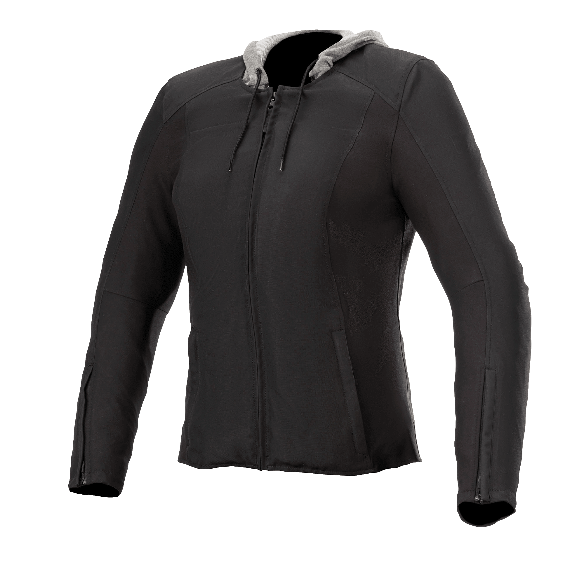 Alpinestars Bond Women's Jacket, giacca moto urbana da donna, nera con cappuccio grigio, zip frontale, maniche lunghe con zip ai polsi, vestibilità sagomata, tessuto cerato liscio