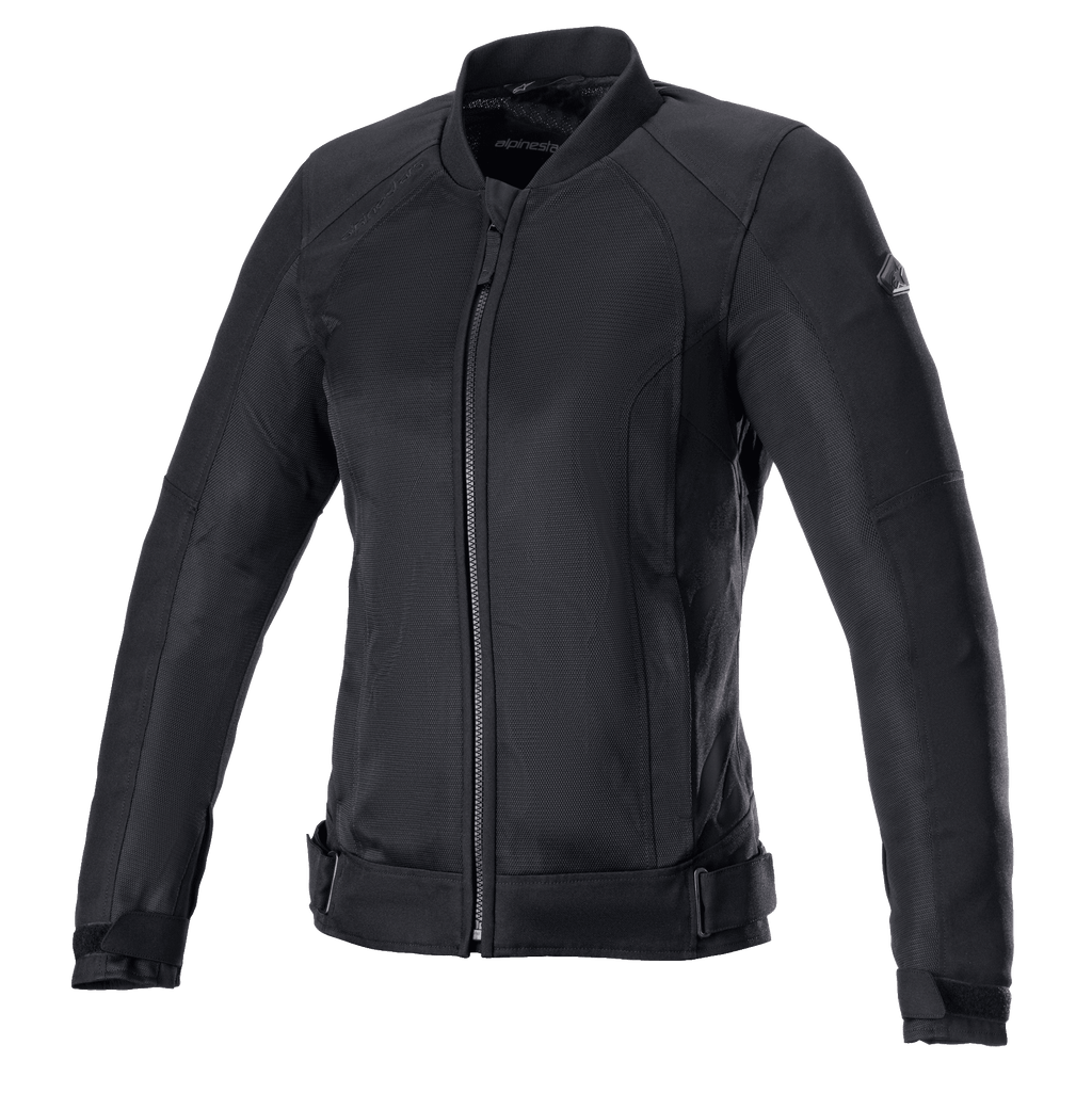 Alpinestars Eloise V2 Women's Air Jacket, giacca da moto nera, costruzione interamente in tessuto e mesh neri, con cerniera frontale, colletto alto e cinghie regolabili in vita, design elegante per la guida urbana