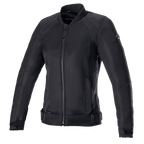 Alpinestars Eloise V2 Women's Air Jacket, giacca da moto nera, costruzione interamente in tessuto e mesh neri, con cerniera frontale, colletto alto e cinghie regolabili in vita, design elegante per la guida urbana