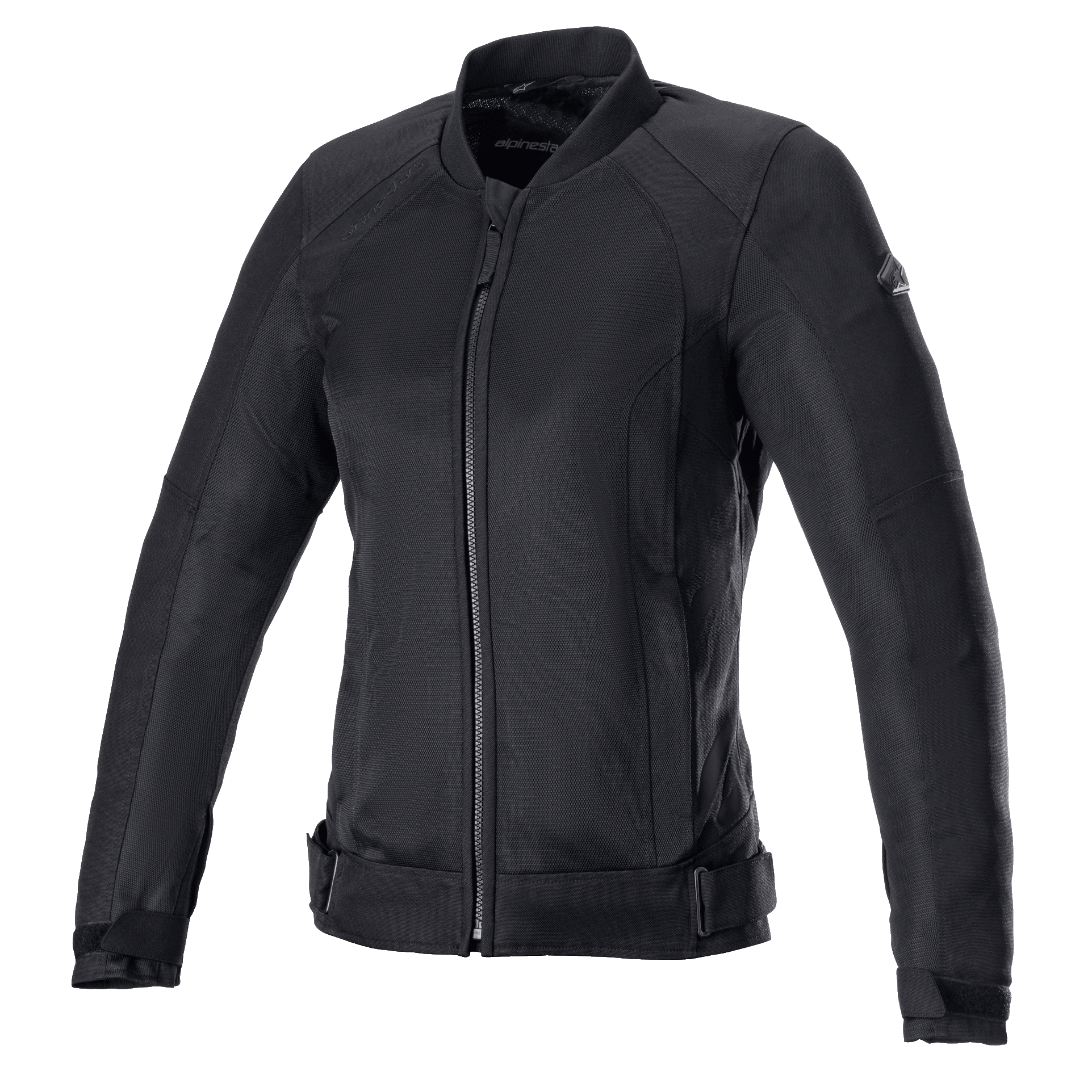 Alpinestars Eloise V2 Women's Air Jacket, giacca da moto nera, costruzione interamente in tessuto e mesh neri, con cerniera frontale, colletto alto e cinghie regolabili in vita, design elegante per la guida urbana