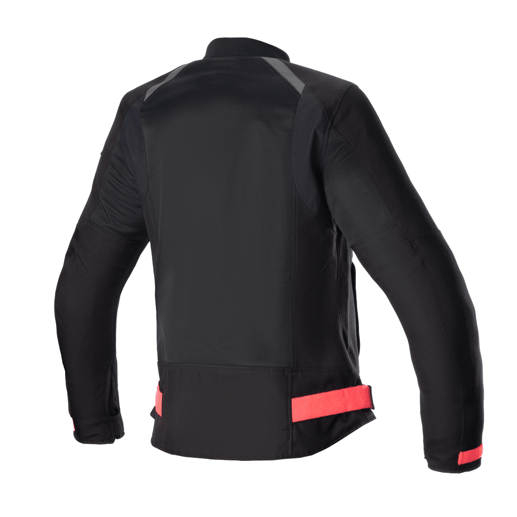 Alpinestars Eloise V2 Women's Air Jacket, giacca da moto da donna, nero con dettagli Diva Pink, vista posteriore con ampi pannelli in mesh per la ventilazione, cinghie rosa regolabili in vita e profilo posteriore allungato per il comfort di guida