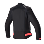Alpinestars Eloise V2 Women's Air Jacket, giacca da moto da donna, nero con dettagli Diva Pink, vista posteriore con ampi pannelli in mesh per la ventilazione, cinghie rosa regolabili in vita e profilo posteriore allungato per il comfort di guida