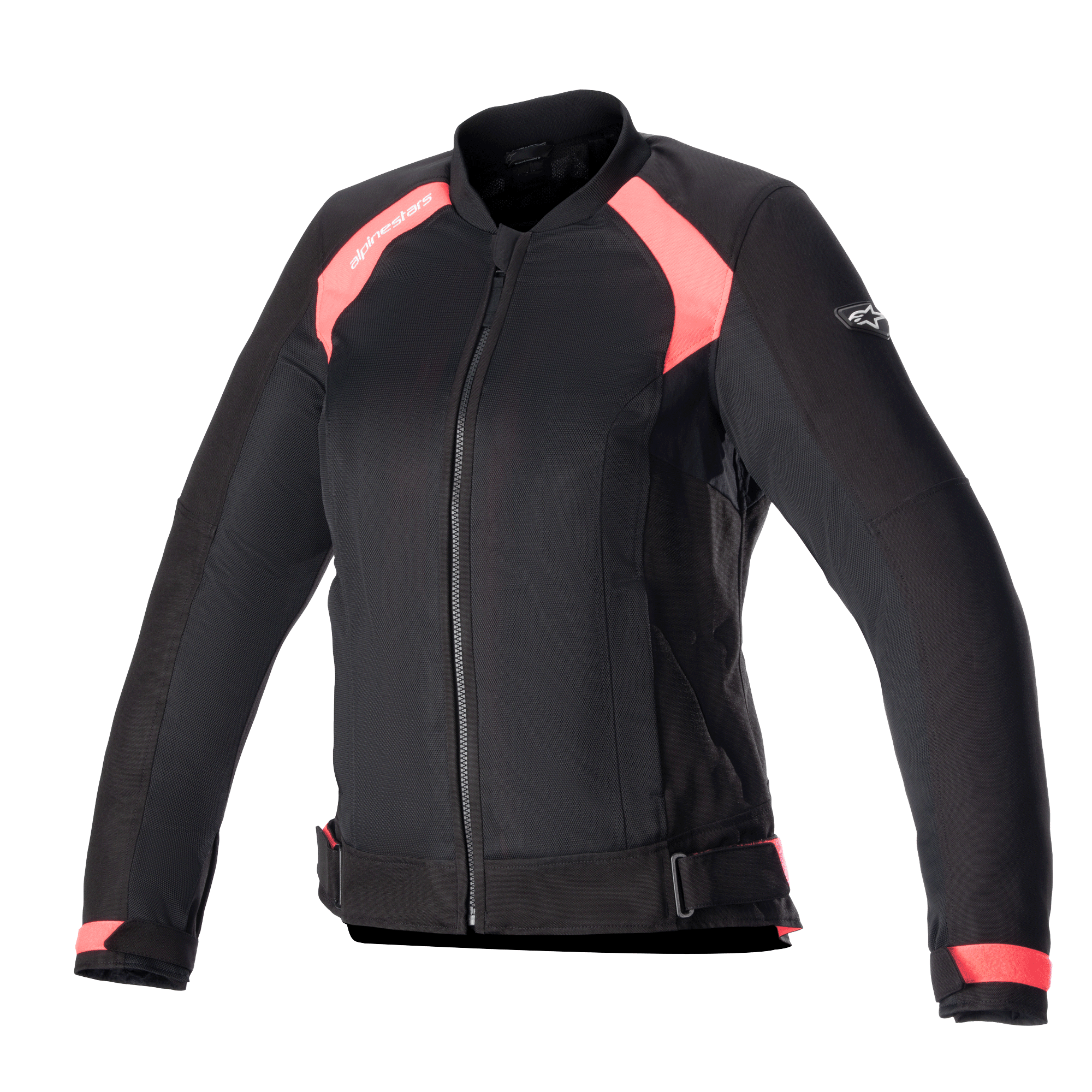 Alpinestars Eloise V2 Women's Air Jacket, nero e rosa Diva, giacca da moto in tessuto stile bomber con pannelli in mesh per la ventilazione, zip frontale, cinturini regolabili in vita e vestibilità ergonomica per motocicliste