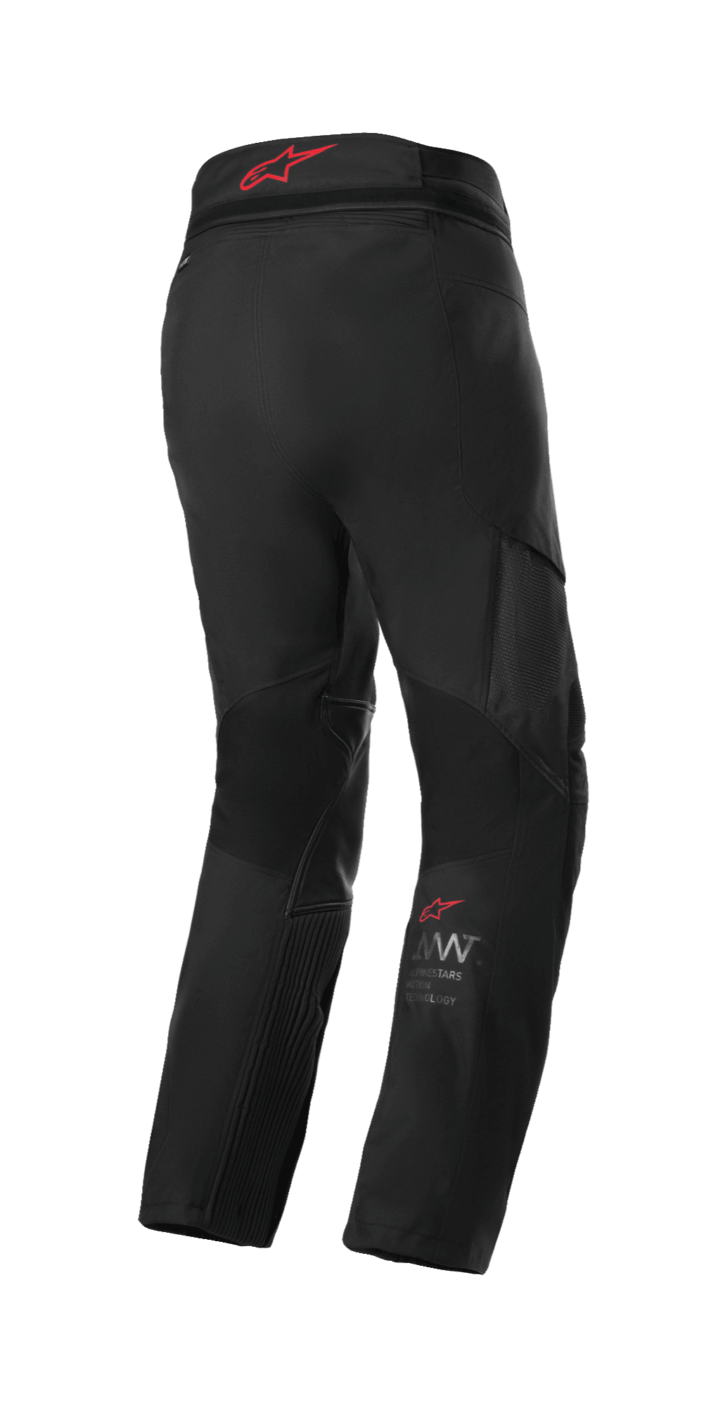 Alpinestars AMT 7 Air Pants, pantaloni da moto Adventure Touring, Nero Dark Shadow, vista posteriore con logo Alpinestars rosso sulla fascia in vita, con pannelli di ventilazione MATRYX e zone elasticizzate per il flusso d'aria e il comfort.