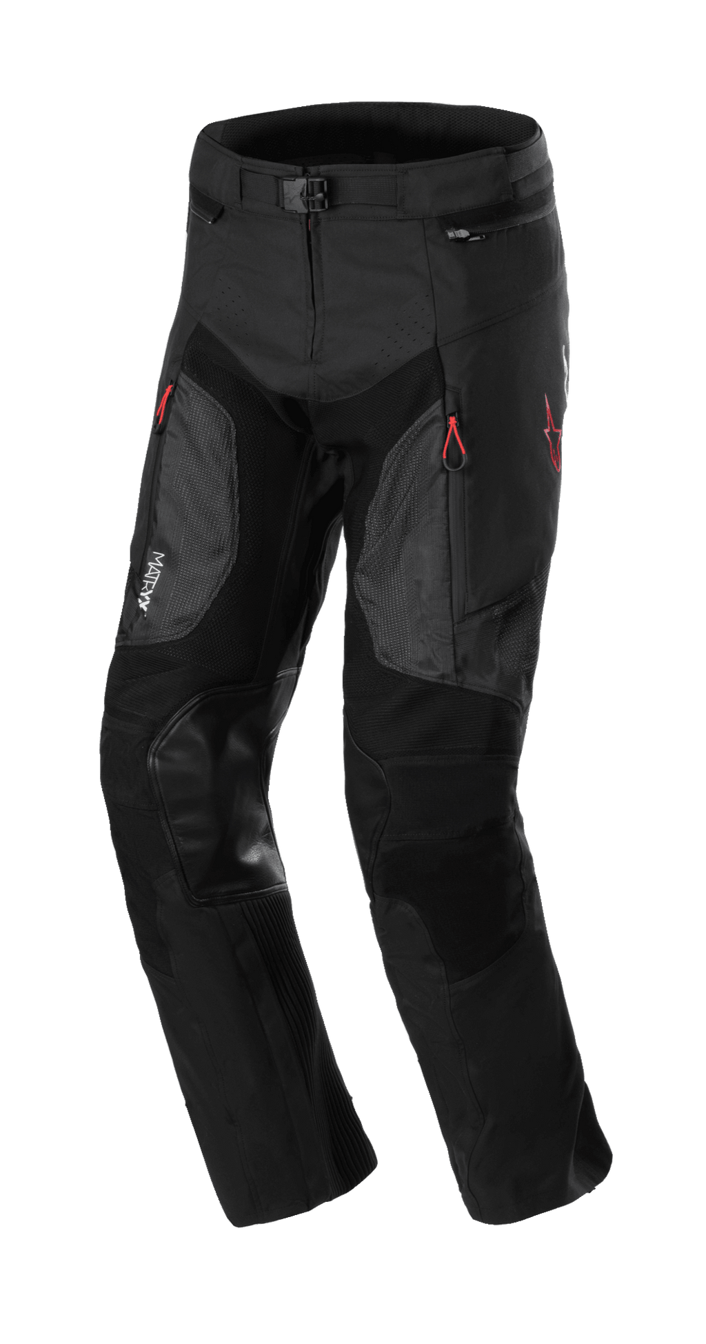 Alpinestars AMT 7 Air Pants, pantaloni protettivi da moto, nero Dark Shadow, con pannelli di ventilazione MATRYX sulle cosce, toppe rinforzate in pelle sulle ginocchia, tiranti delle zip rossi e cintura regolabile, costruzione in tessuto resistente per guida adventure