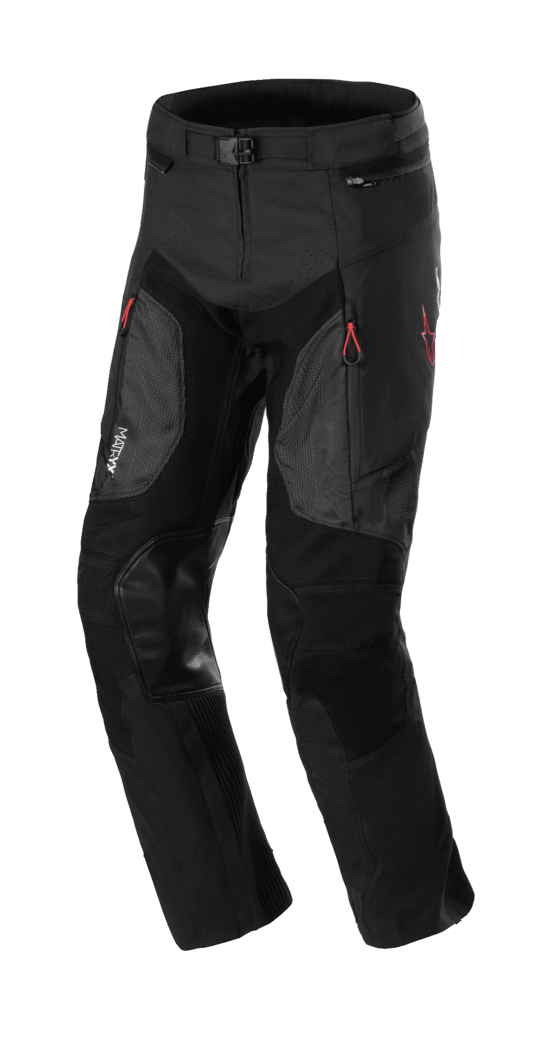 Alpinestars AMT 7 Air Pants, pantaloni protettivi da moto, nero Dark Shadow, con pannelli di ventilazione MATRYX sulle cosce, toppe rinforzate in pelle sulle ginocchia, tiranti delle zip rossi e cintura regolabile, costruzione in tessuto resistente per guida adventure