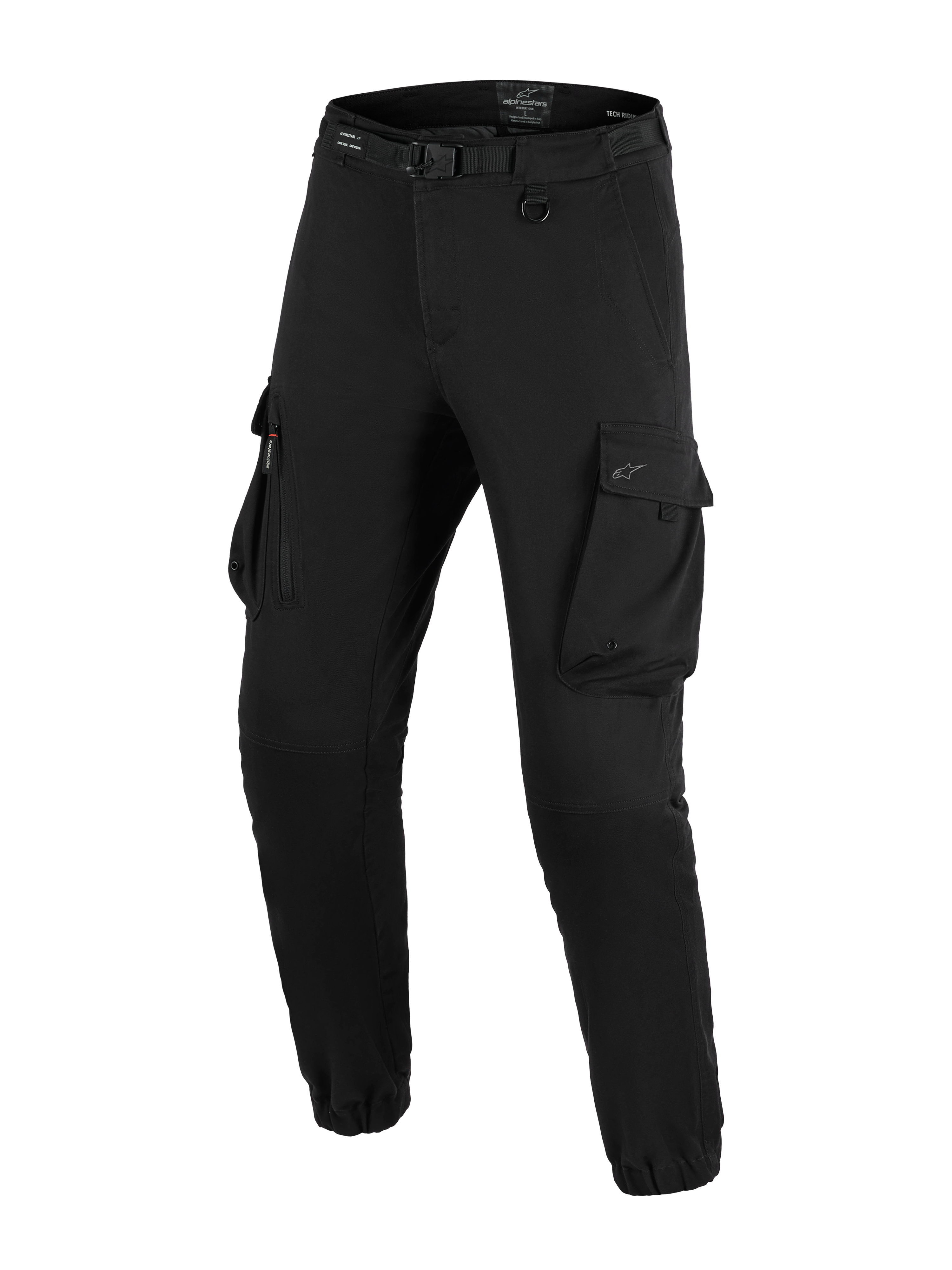 Alpinestars Flex-AST Cargo Pants, pantaloni da moto, nero, con ampie tasche cargo, cintura integrata con fibbia, dettaglio anello a D, orli elasticizzati e vestibilità affusolata per la guida urbana in moto