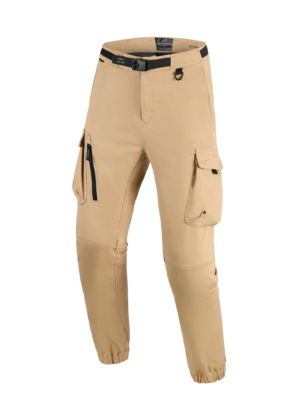 Alpinestars Flex-AST Cargo Pants, Beige Chiaro, pantaloni tecnici da moto urbani dotati di cintura nera integrata con fibbia, ampie tasche cargo con dettagli a zip e patta, anello a D e orli elasticizzati, stile moderno e robusto per la guida.