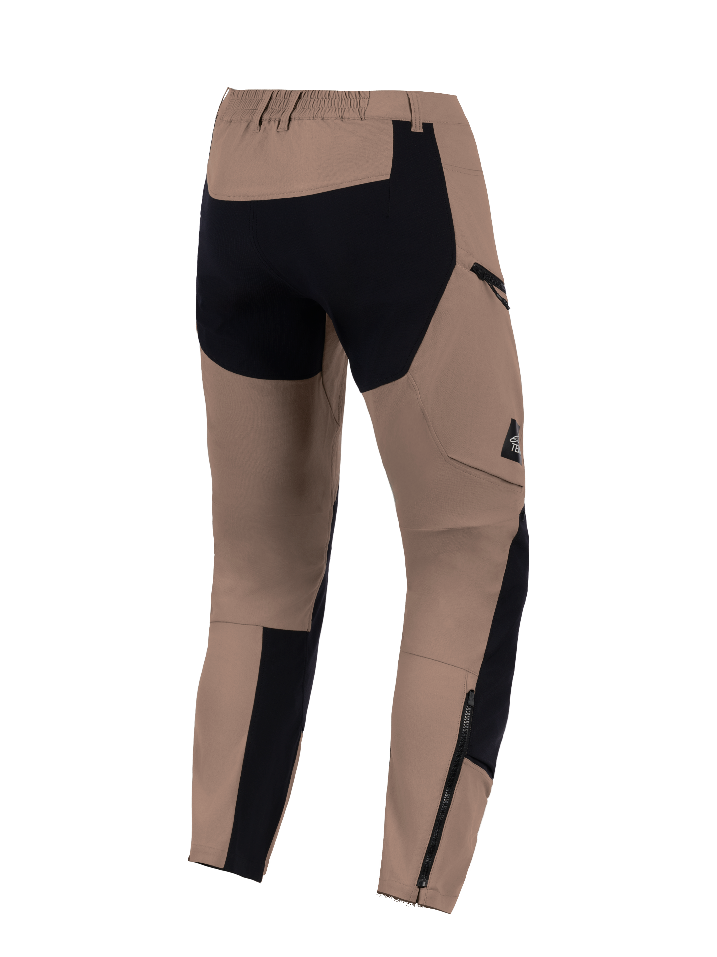 Alpinestars Flex-AST Explorer Pants, Walnut Black, vista posteriore, pantaloni da moto adventure con pannelli neri rinforzati sulla seduta e fondo gamba, tasca cargo con zip e cerniere lunghe per la compatibilità con gli stivali.