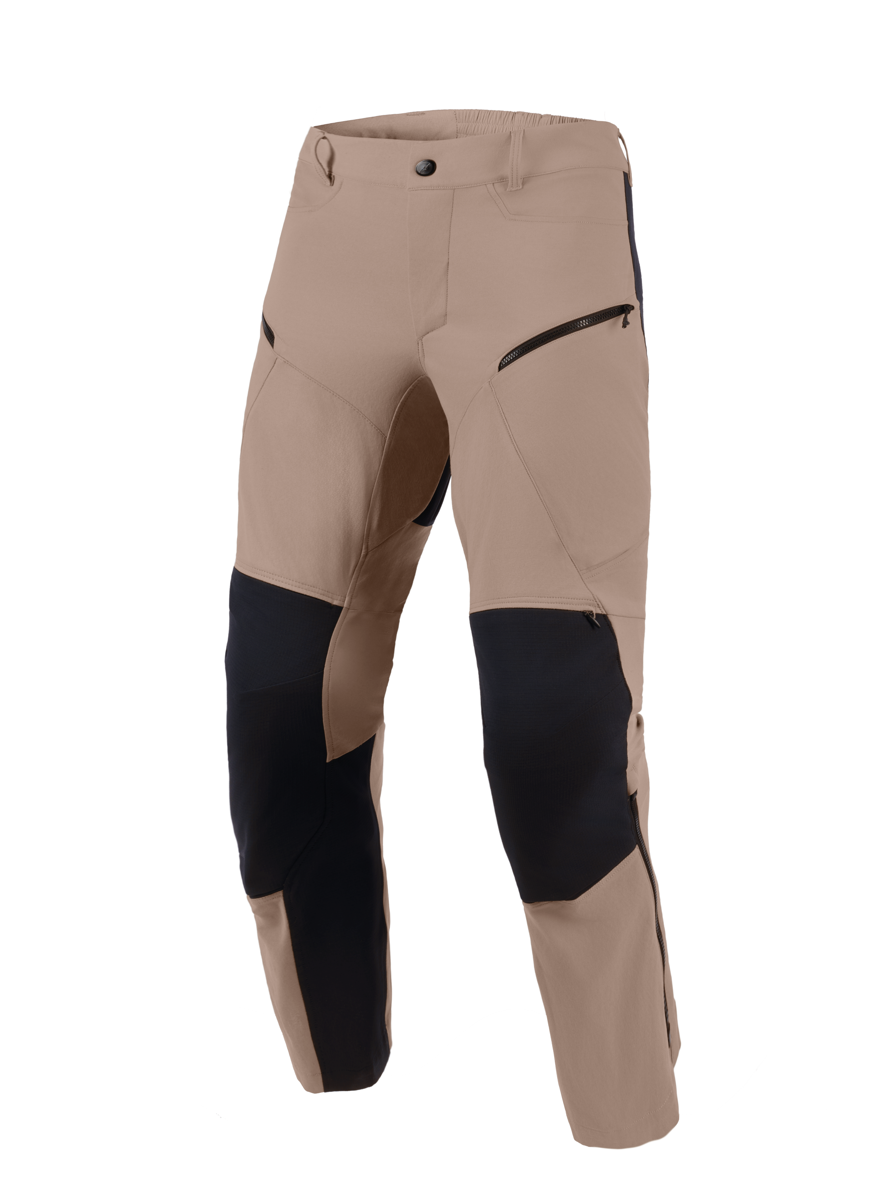 Pantaloni Alpinestars Flex-AST Explorer, Walnut Black, pantaloni da moto adventure in tessuto elasticizzato marrone noce con pannelli di rinforzo in ripstop nero su ginocchia e interno gamba, tasche cargo con zip e design robusto per diversi tipi di terreno.