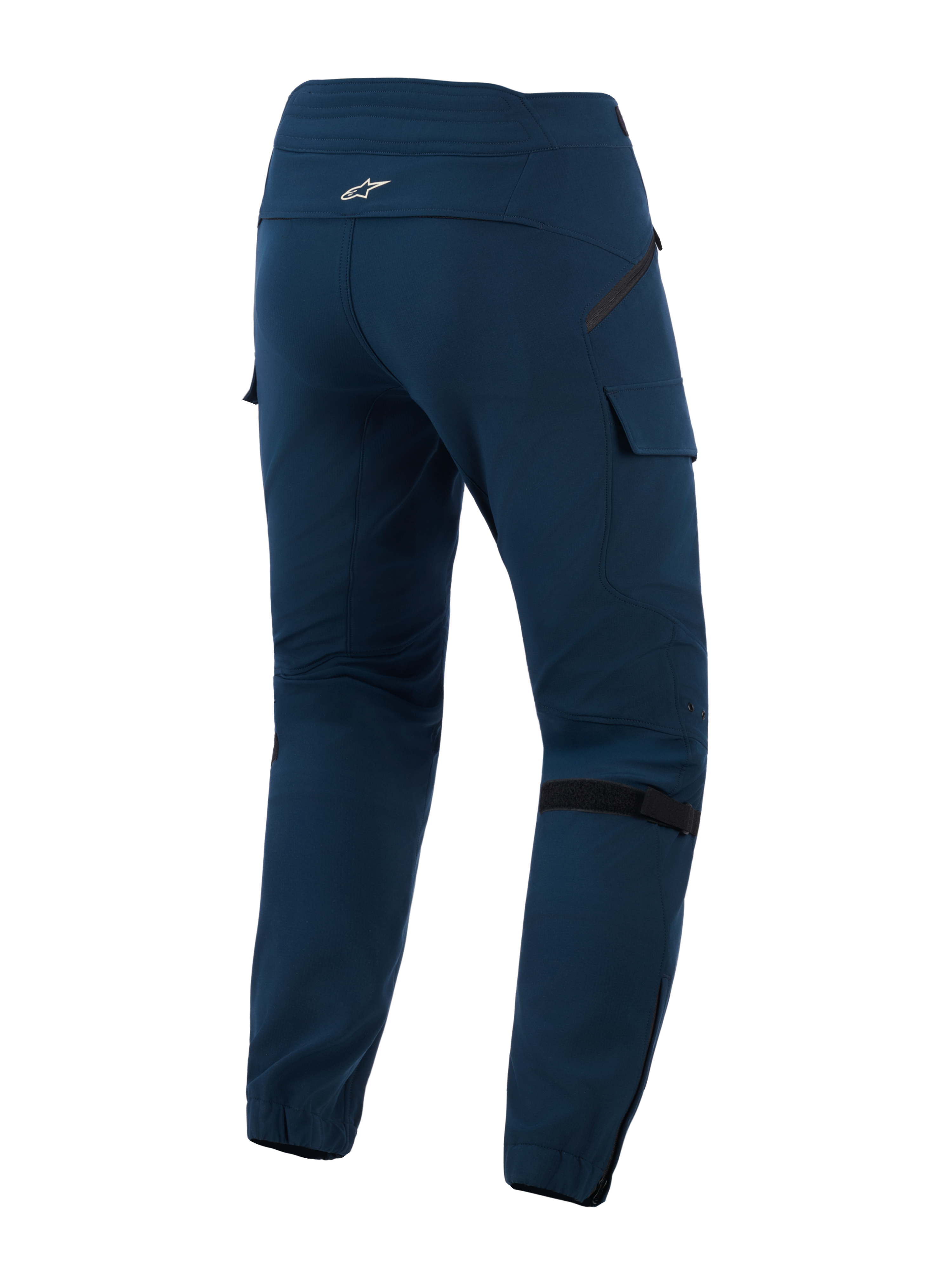 Pantaloni da moto Alpinestars Juggernaut V2, Night Navy, vista posteriore con tasche stile cargo, cinturini per la regolazione del volume sulle ginocchia e orli elasticizzati con cerniera, pantaloni tecnici urban in tessuto