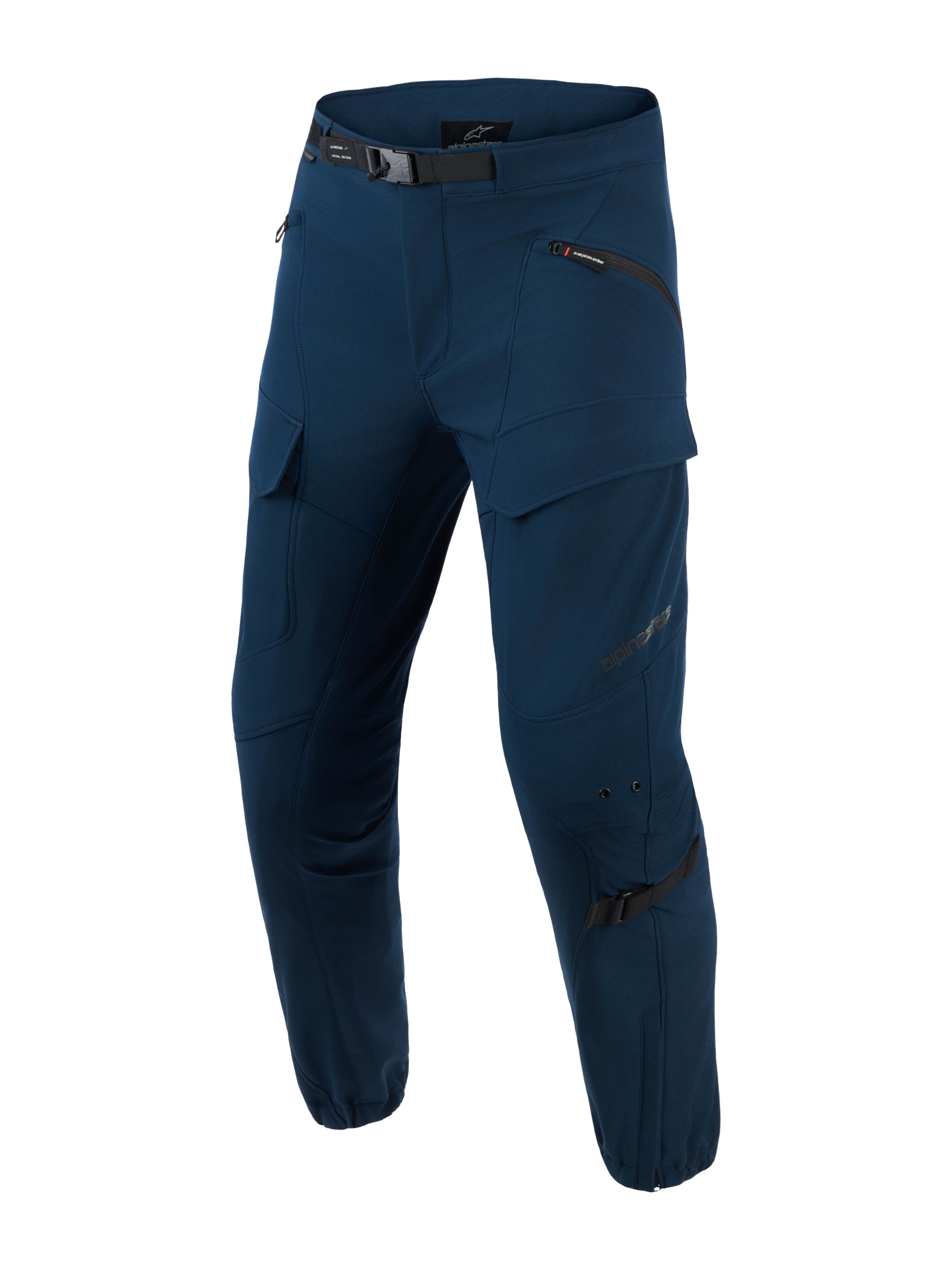 Alpinestars Juggernaut V2 Riding Pants, pantaloni da moto urbani, Night Navy, pantaloni tecnici da moto blu scuro con tasche multiple con zip, cintura regolabile nera, zone delle ginocchia rinforzate con cinghie di regolazione, design slim fit con polsini con zip, tessuto softshell ripstop per il pendolarismo urbano