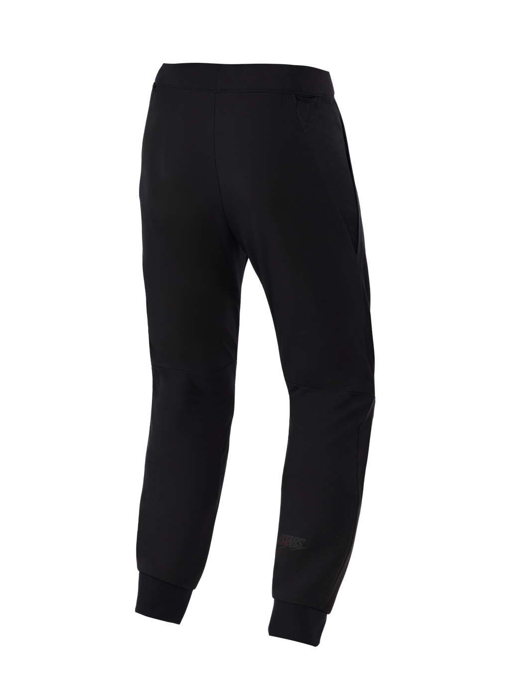 Alpinestars Aeroshell Airflow Pants, pantaloni da moto, nero, vista posteriore con telaio in softshell elasticizzato leggero, pannelli in mesh 2D integrati per la traspirabilità, zone del polpaccio perforate al laser e discreto logo Astars sulla parte inferiore della gamba.