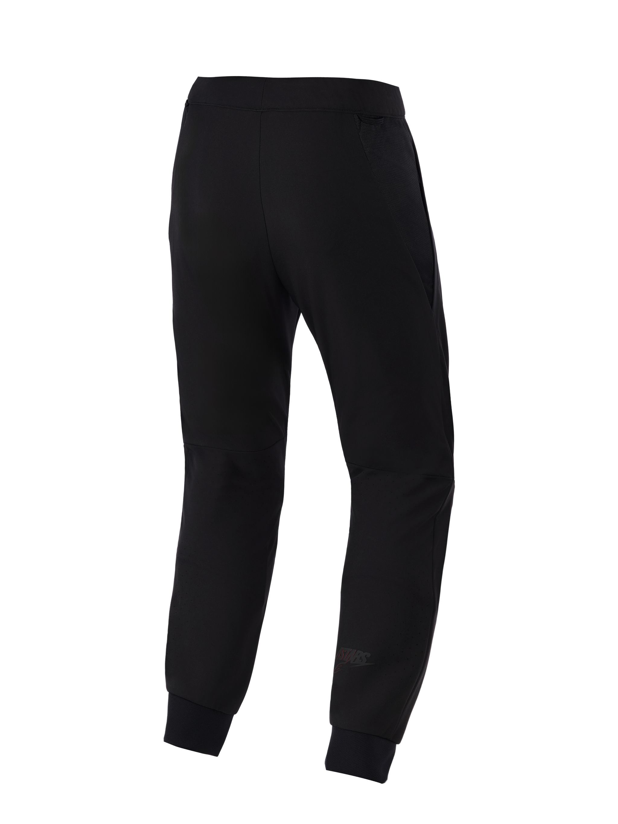 Alpinestars Aeroshell Airflow Pants, pantaloni da moto, nero, vista posteriore con telaio in softshell elasticizzato leggero, pannelli in mesh 2D integrati per la traspirabilità, zone del polpaccio perforate al laser e discreto logo Astars sulla parte inferiore della gamba.