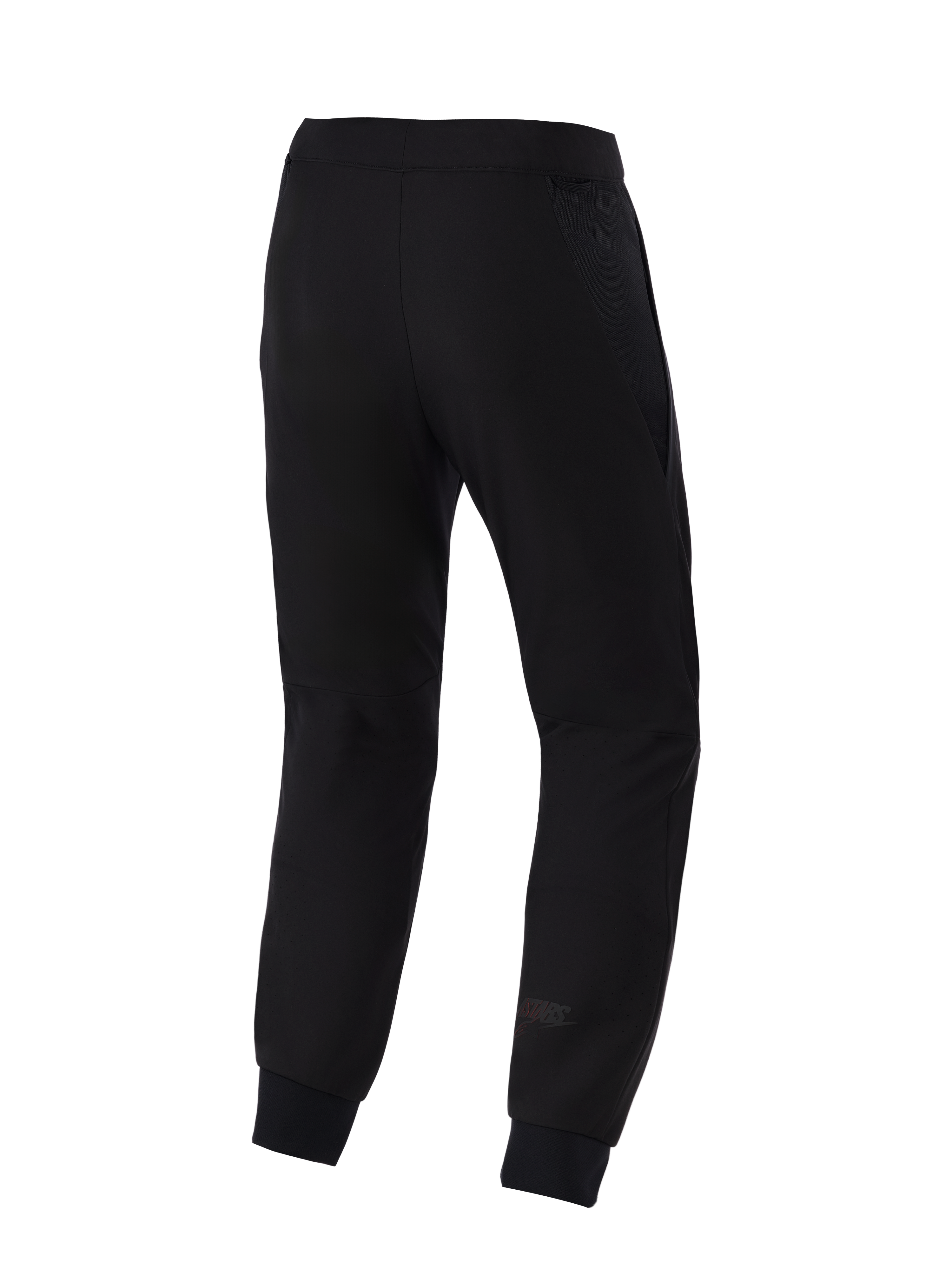 Alpinestars Aeroshell Airflow Pants, pantaloni da moto, nero, vista posteriore con telaio in softshell elasticizzato leggero, pannelli in mesh 2D integrati per la traspirabilità, zone del polpaccio perforate al laser e discreto logo Astars sulla parte inferiore della gamba.