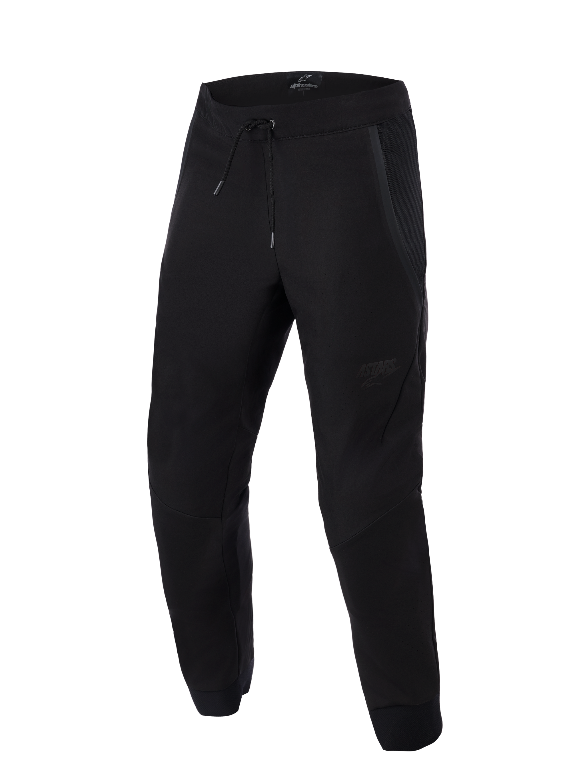 Pantaloni Alpinestars Aeroshell Airflow, nero, pantaloni da moto sportivi e touring leggeri, caratterizzati da ampi pannelli in rete per la ventilazione, vita elasticizzata con coulisse, gambe pre-curvate e discreto logo tono su tono sulla coscia.