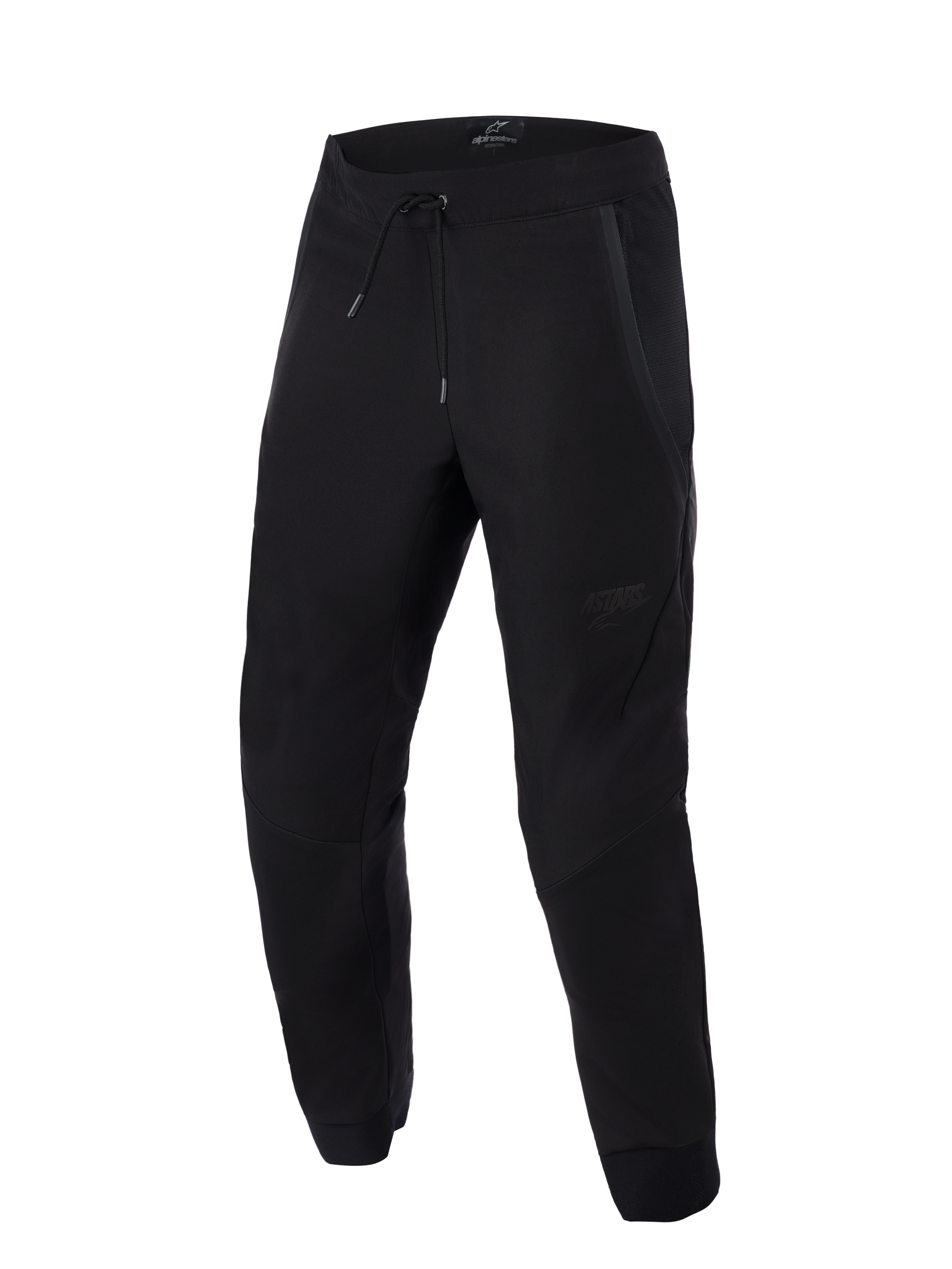 Pantaloni Alpinestars Aeroshell Airflow, nero, pantaloni da moto sportivi e touring leggeri, caratterizzati da ampi pannelli in rete per la ventilazione, vita elasticizzata con coulisse, gambe pre-curvate e discreto logo tono su tono sulla coscia.
