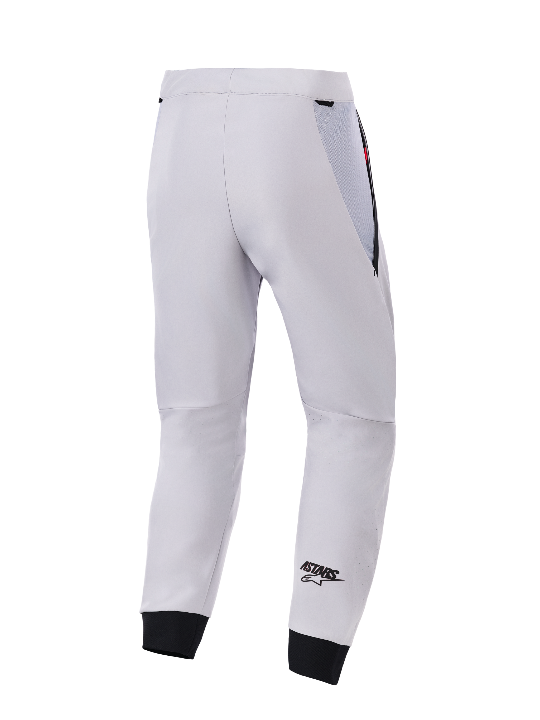 Alpinestars Aeroshell Airflow Pants, Vista Posteriore, Grigio Medio, pantaloni tecnici da moto in softshell, con pannelli in rete neri sui fianchi e polsini elastici, logo ASTARS nero sulla parte inferiore della gamba, design sportivo leggero e ventilato