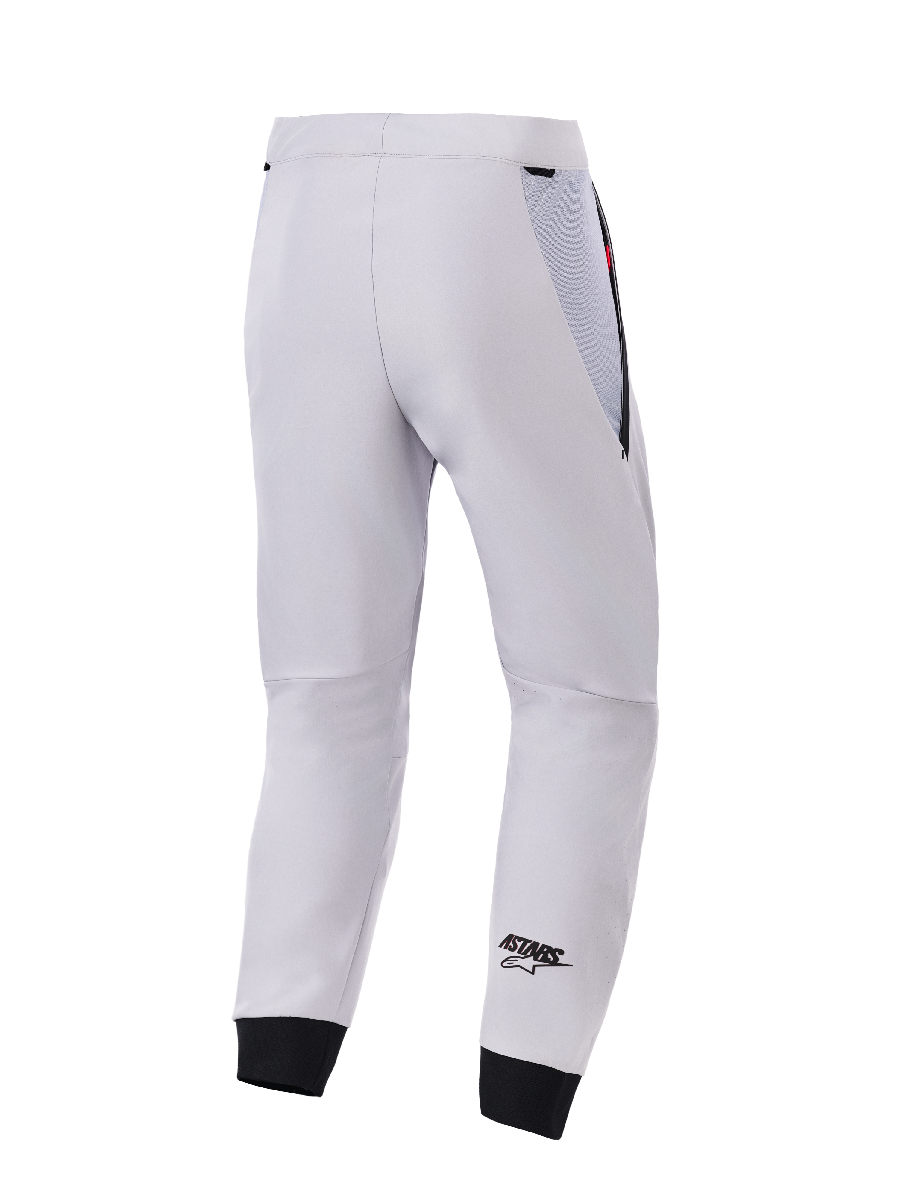 Alpinestars Aeroshell Airflow Pants, Vista Posteriore, Grigio Medio, pantaloni tecnici da moto in softshell, con pannelli in rete neri sui fianchi e polsini elastici, logo ASTARS nero sulla parte inferiore della gamba, design sportivo leggero e ventilato