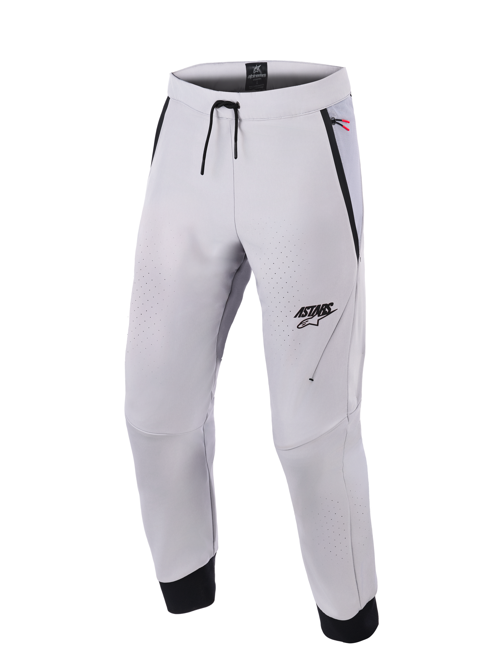 Alpinestars Aeroshell Airflow Pants, pantaloni da moto grigio medio, caratterizzati da zone di ventilazione traforate al laser, logo ASTARS sulla coscia sinistra, vita con coulisse e polsini neri alle caviglie, design tecnico in softshell per guida sportiva e urbana