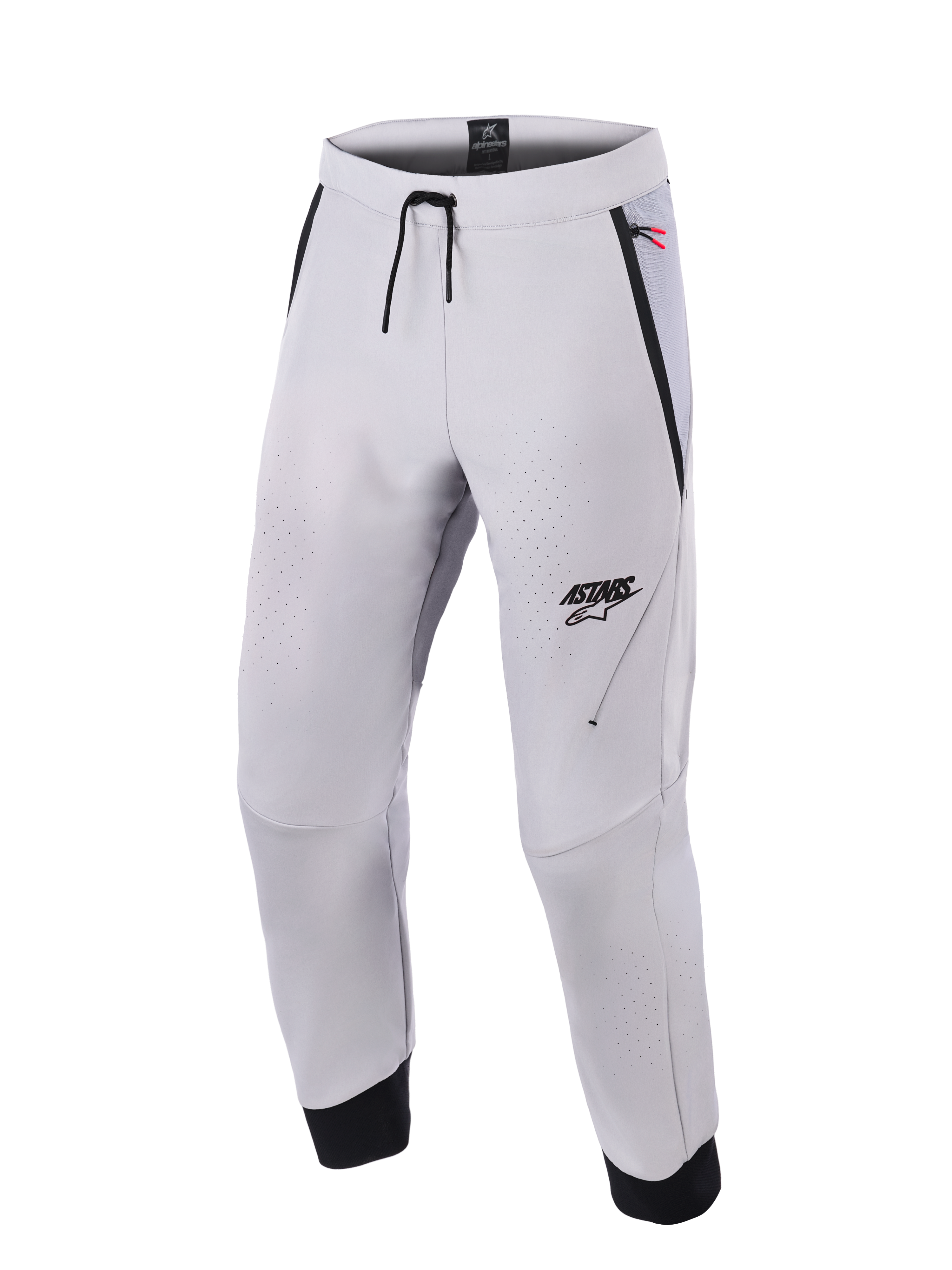 Alpinestars Aeroshell Airflow Pants, pantaloni da moto grigio medio, caratterizzati da zone di ventilazione traforate al laser, logo ASTARS sulla coscia sinistra, vita con coulisse e polsini neri alle caviglie, design tecnico in softshell per guida sportiva e urbana